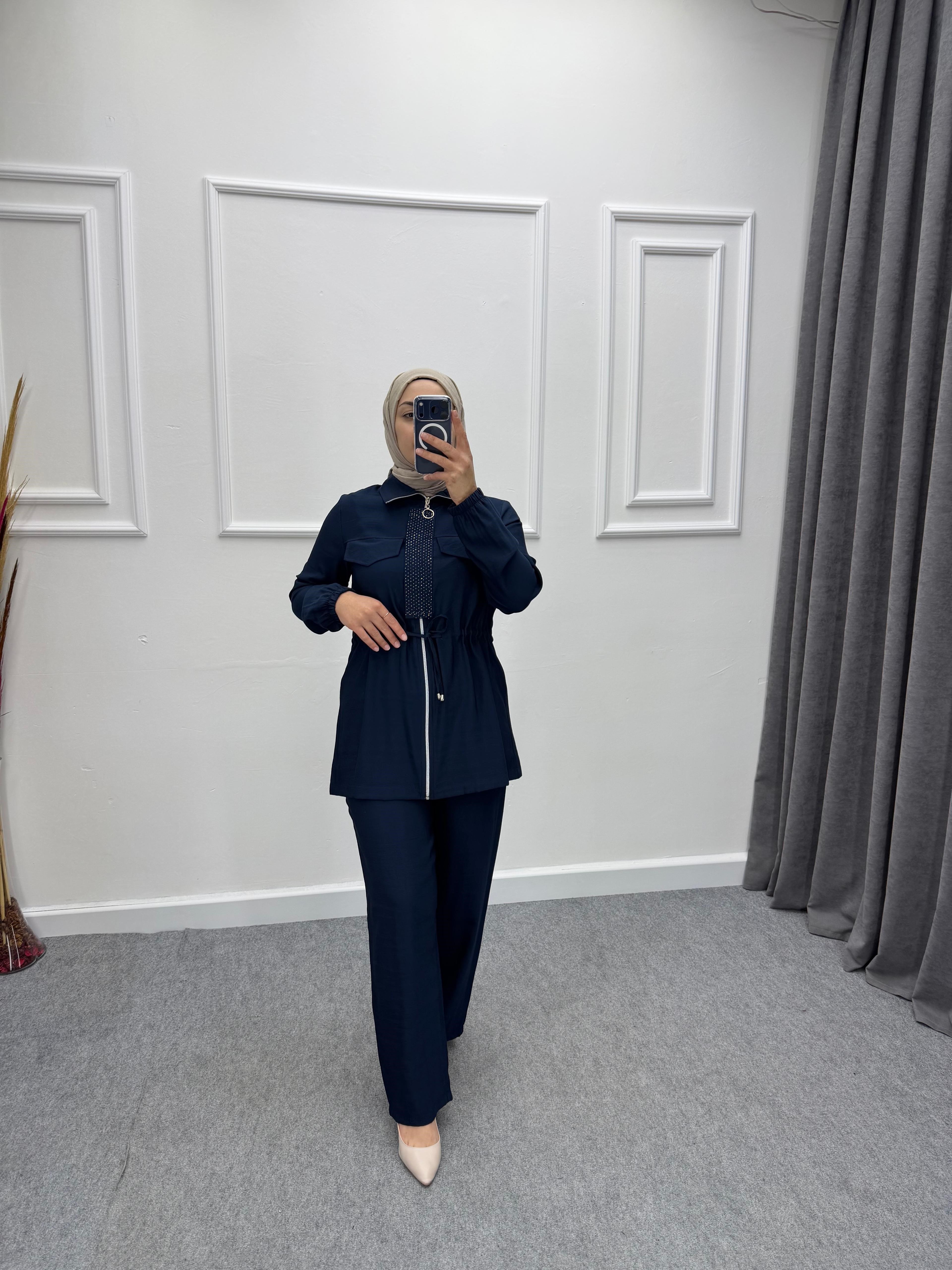 Lacivert Fermuarlı Taş Detaylı Modal Kumaş Takım