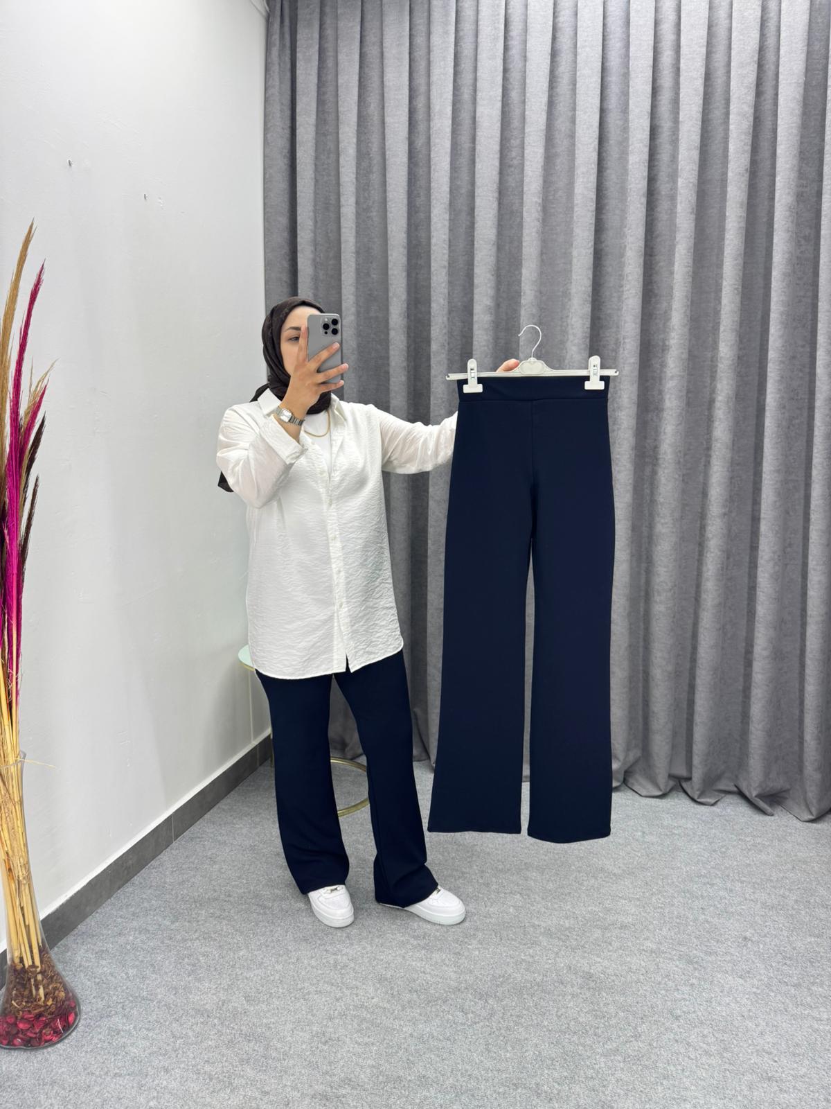 Lacivert Palazzo Beli Cırtlı Kumaş Pantolon