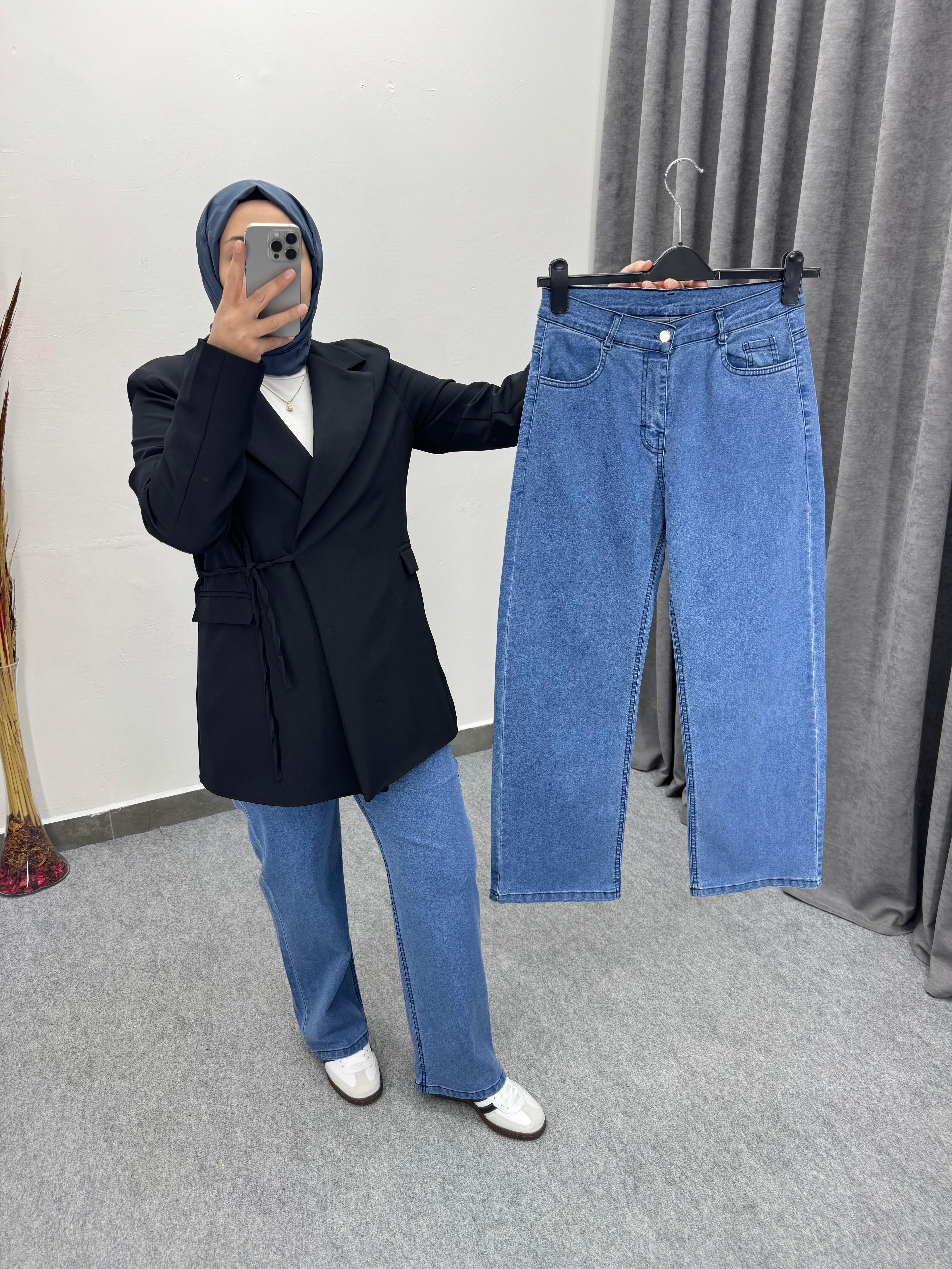 Mavi Düz Palazzo Model Likralı Jean