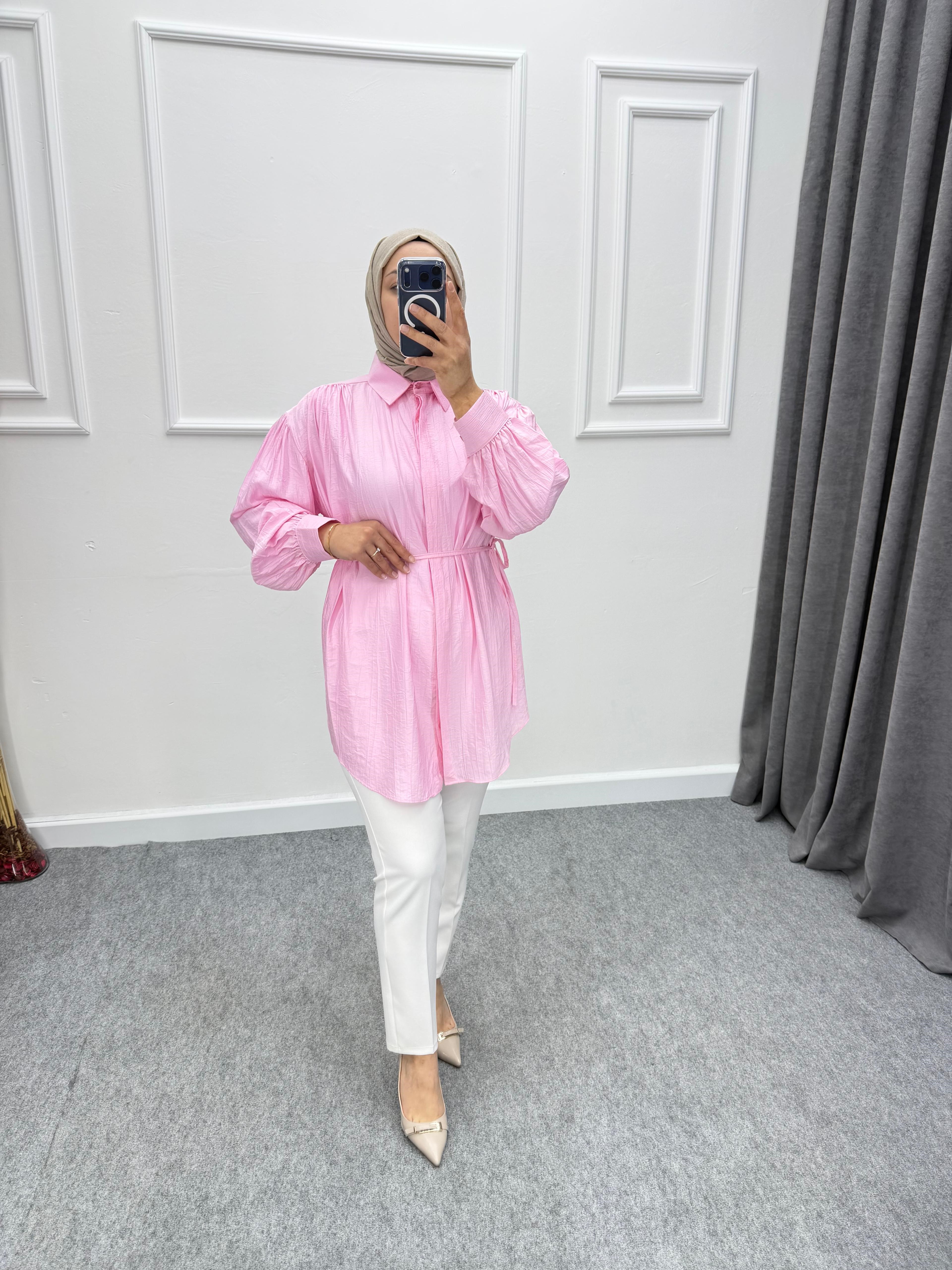 Pembe Gizli Patlı Çilek Kumaş Gömlek