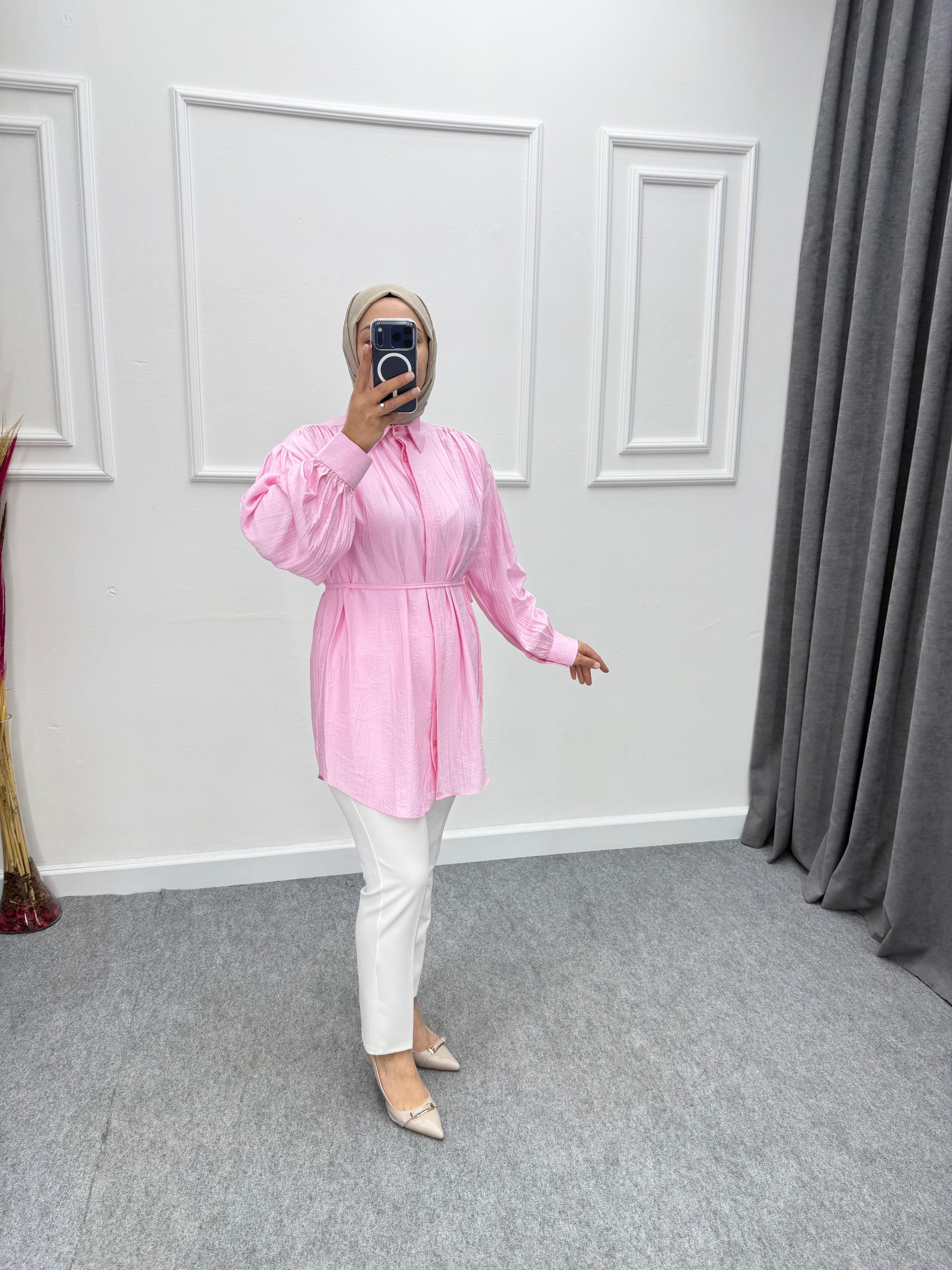 Pembe Gizli Patlı Çilek Kumaş Gömlek