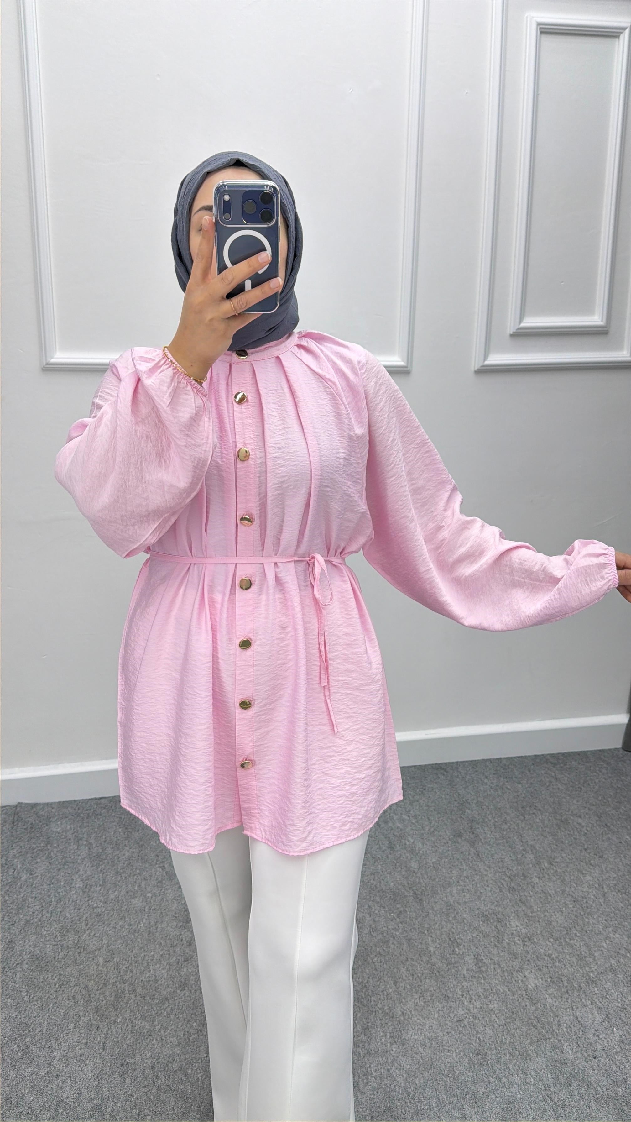 Pembe Gold Düğmeli Çilek Kumaş Gömlek