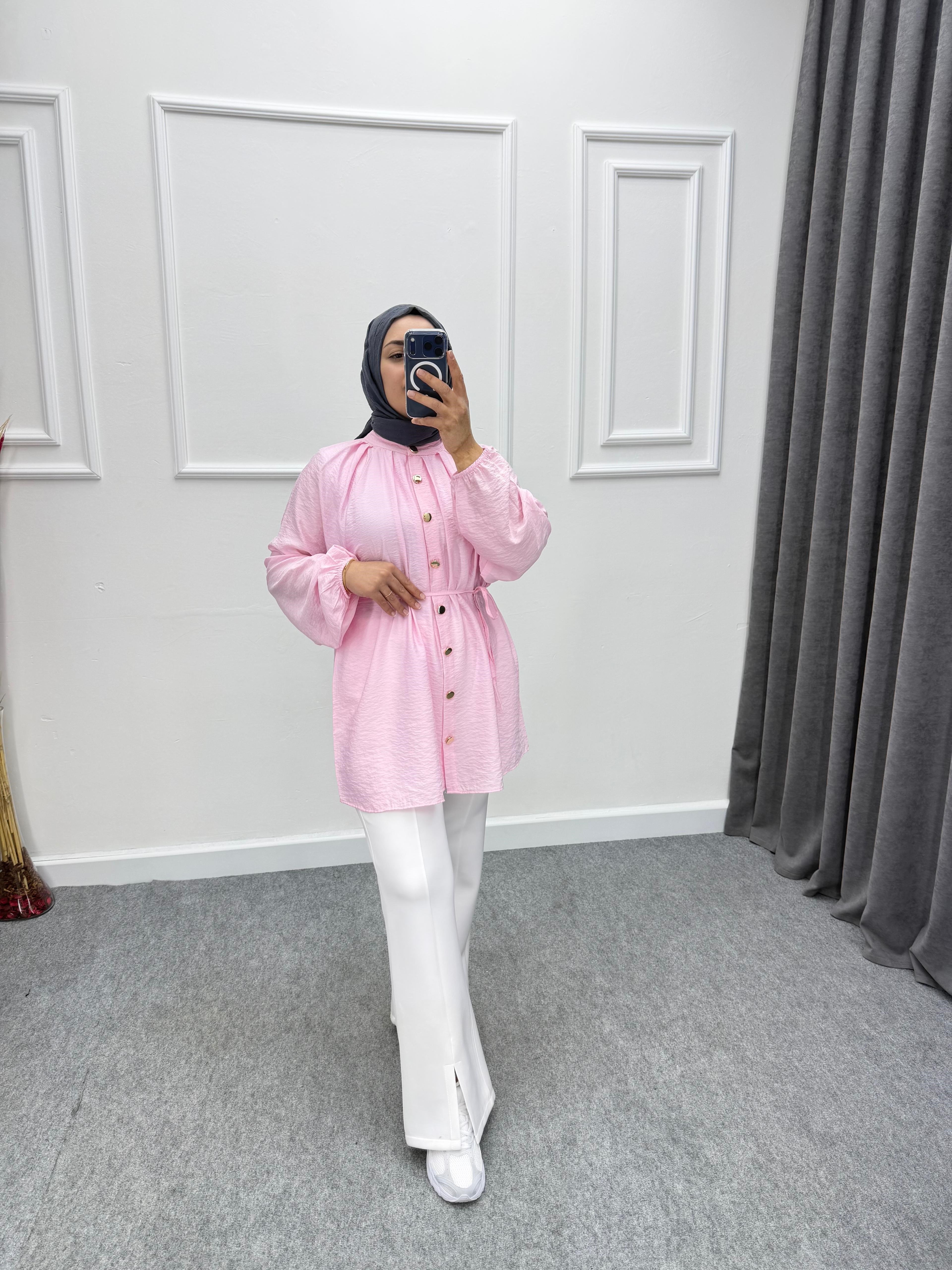 Pembe Gold Düğmeli Çilek Kumaş Gömlek