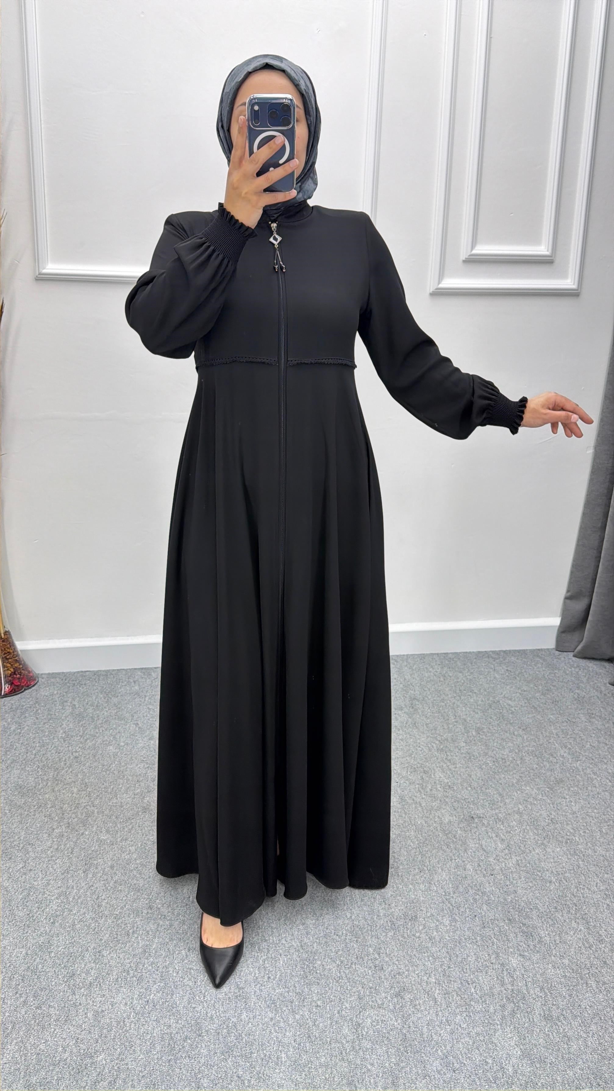 Siyah Beli Güpürlü Mevlana Model Ferace