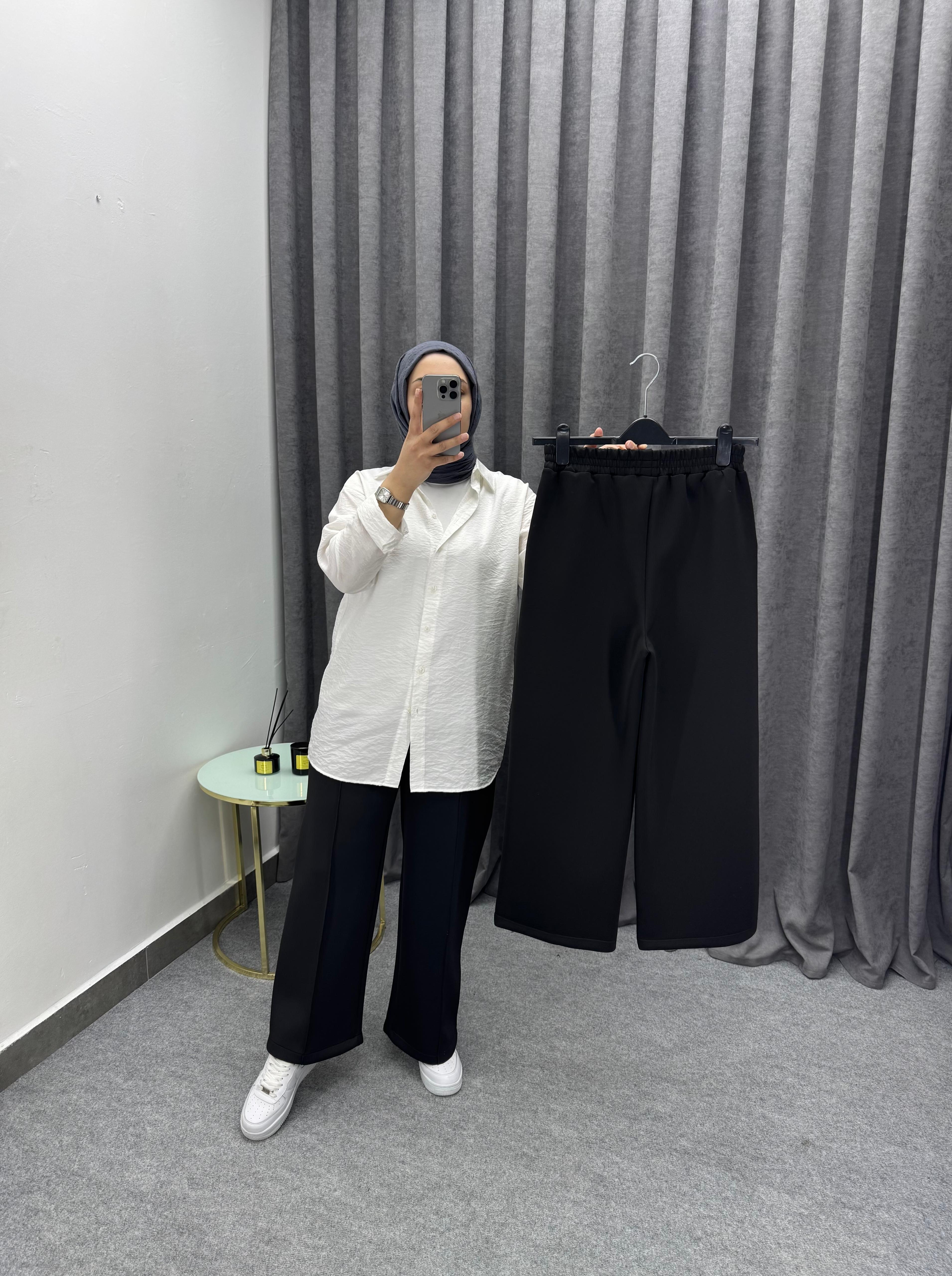 Siyah Çimalı Bol Paça Pantolon