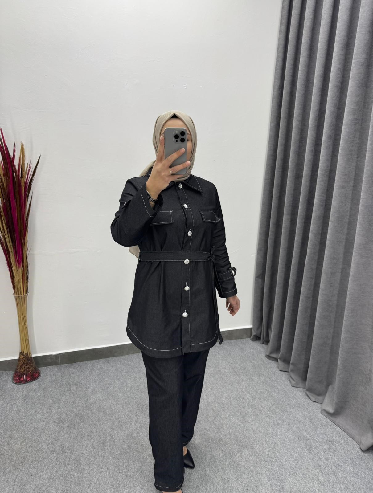 Siyah Denim Seyyar Kemerli Takım
