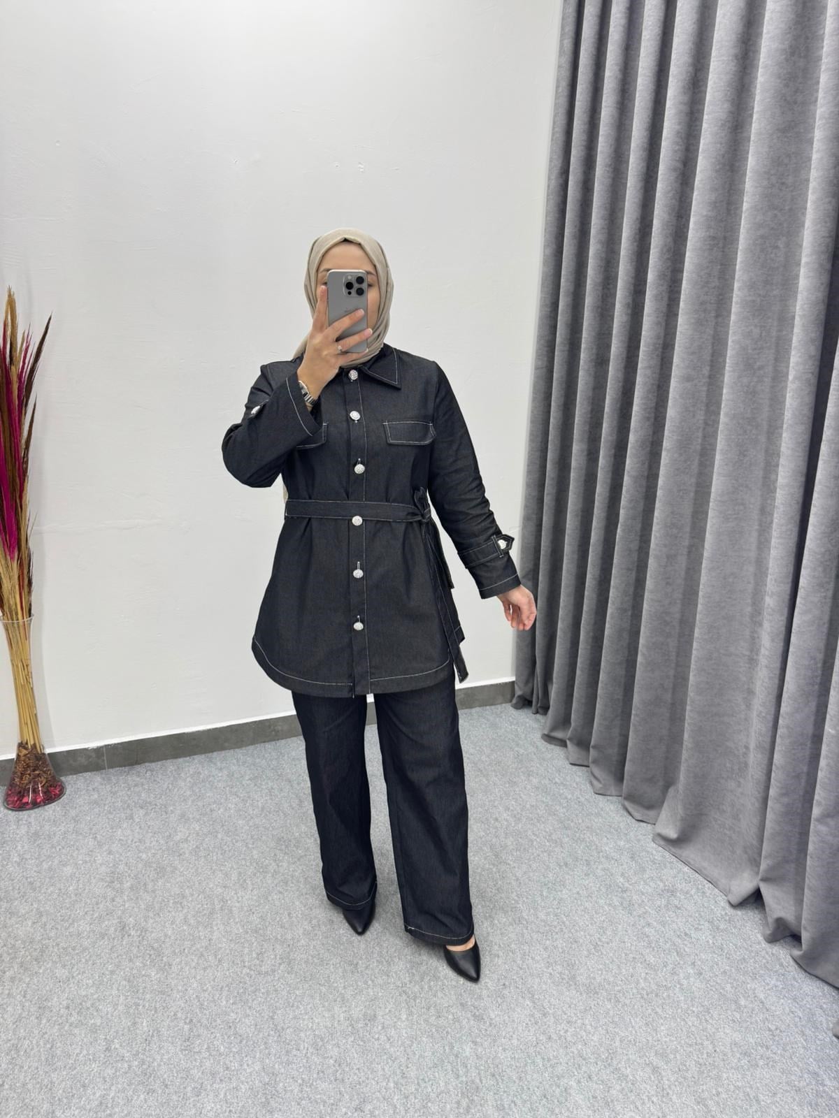 Siyah Denim Seyyar Kemerli Takım