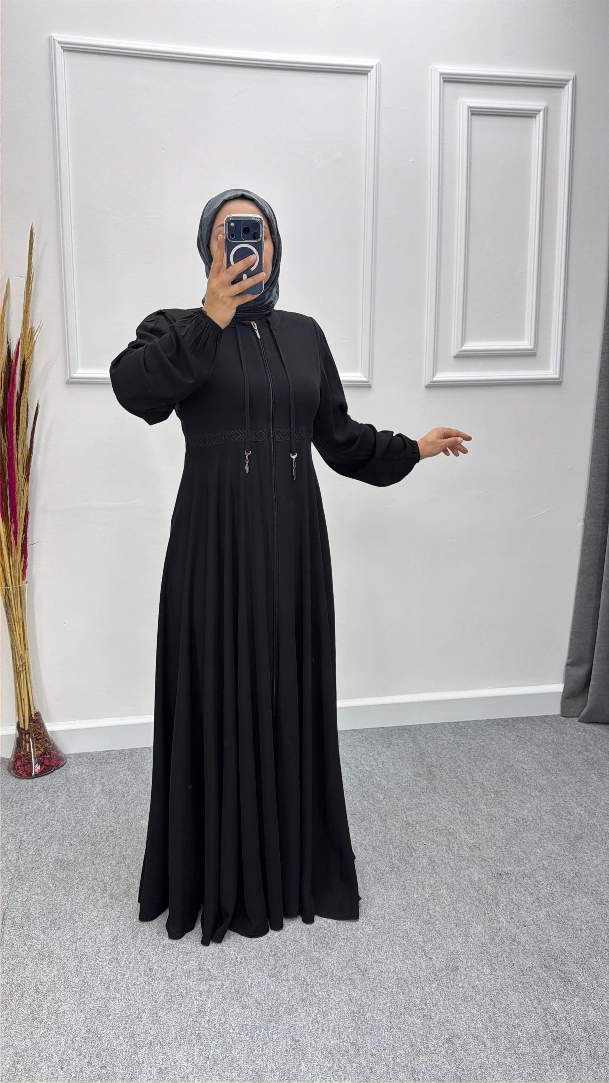 Siyah Merve Model Beli Nakışlı Mevlana Model Ferace
