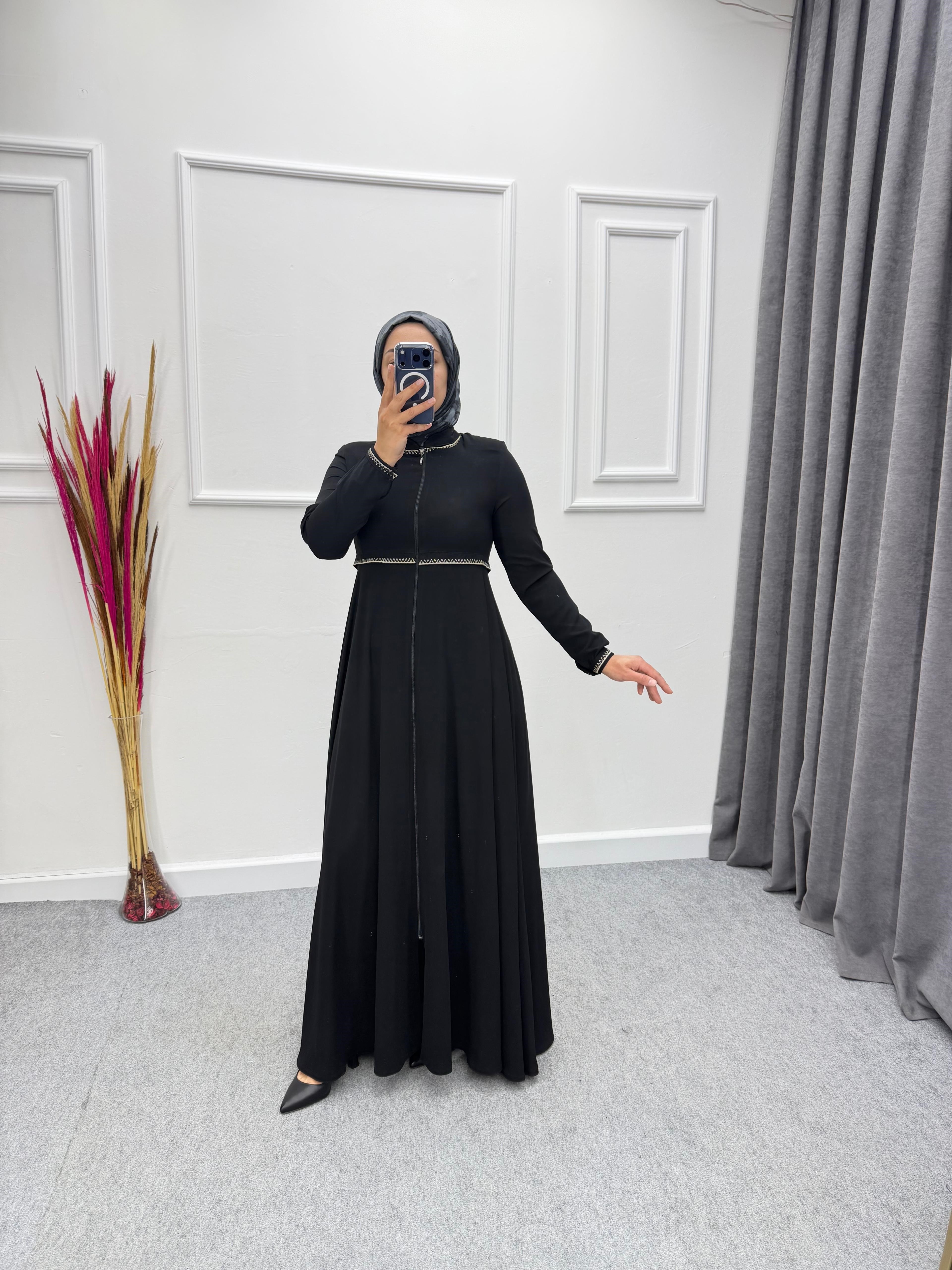 Siyah Mevlana Model Beli Nakış İşlemeli Ferace