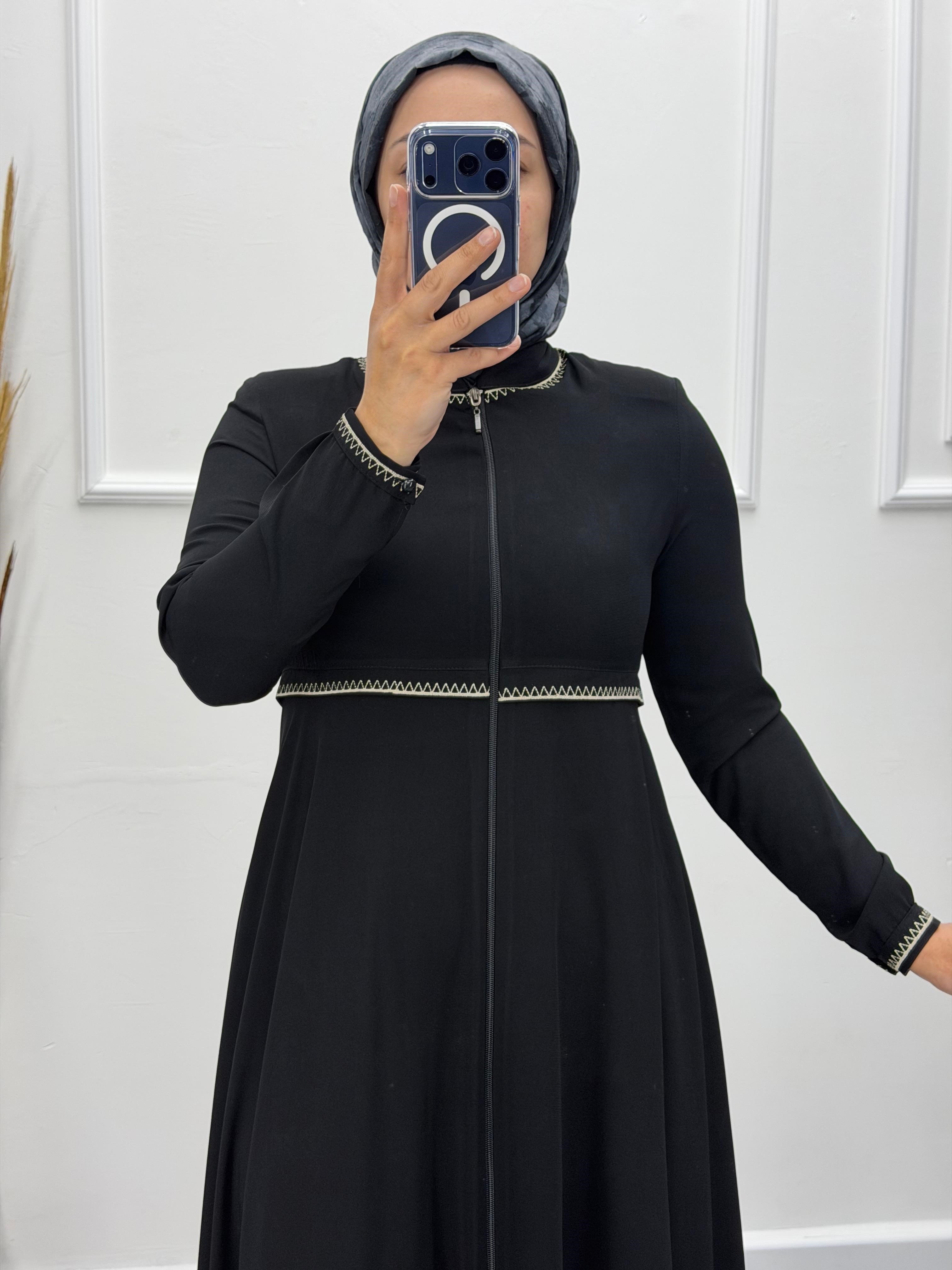 Siyah Mevlana Model Beli Nakış İşlemeli Ferace