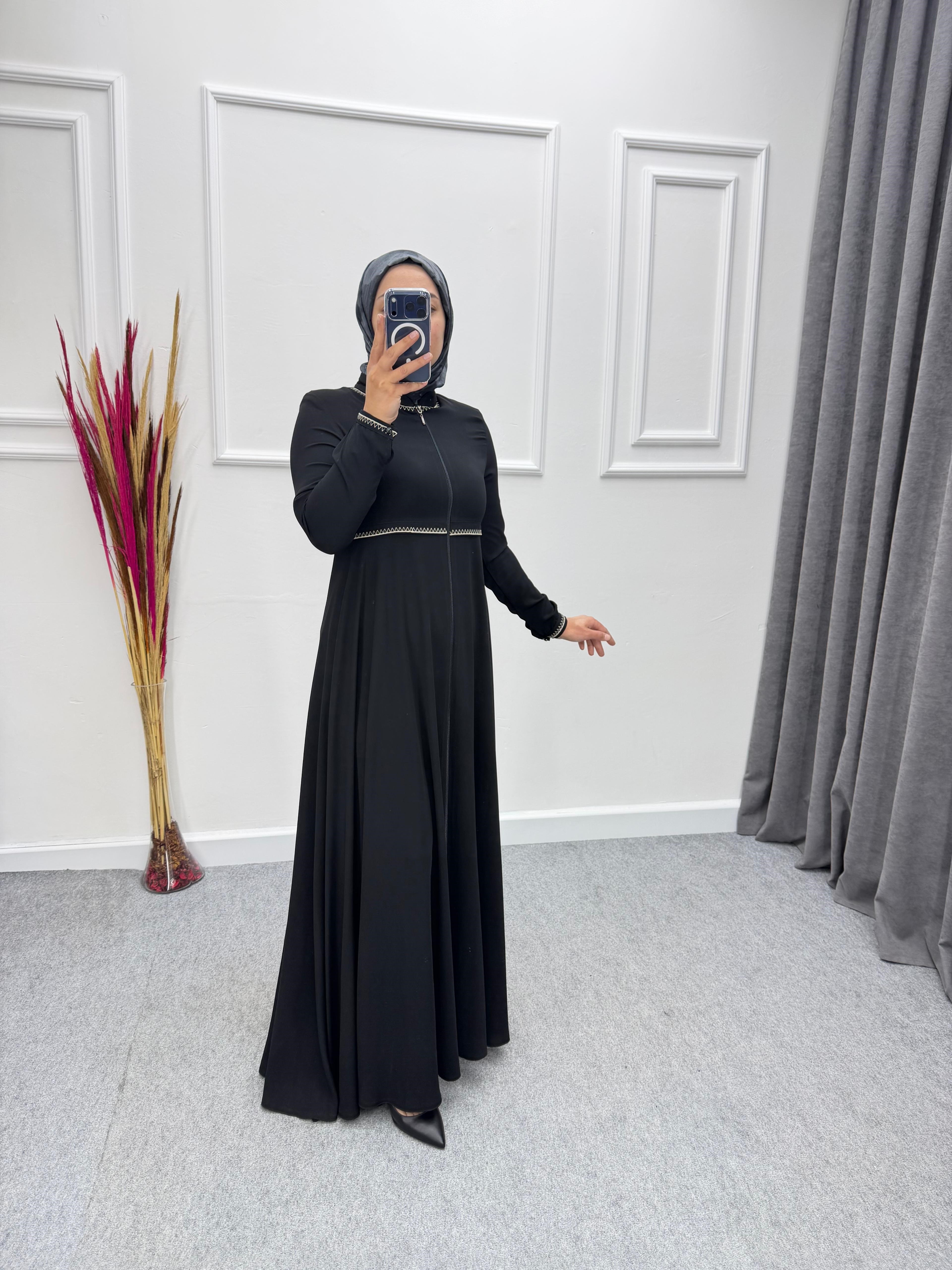 Siyah Mevlana Model Beli Nakış İşlemeli Ferace