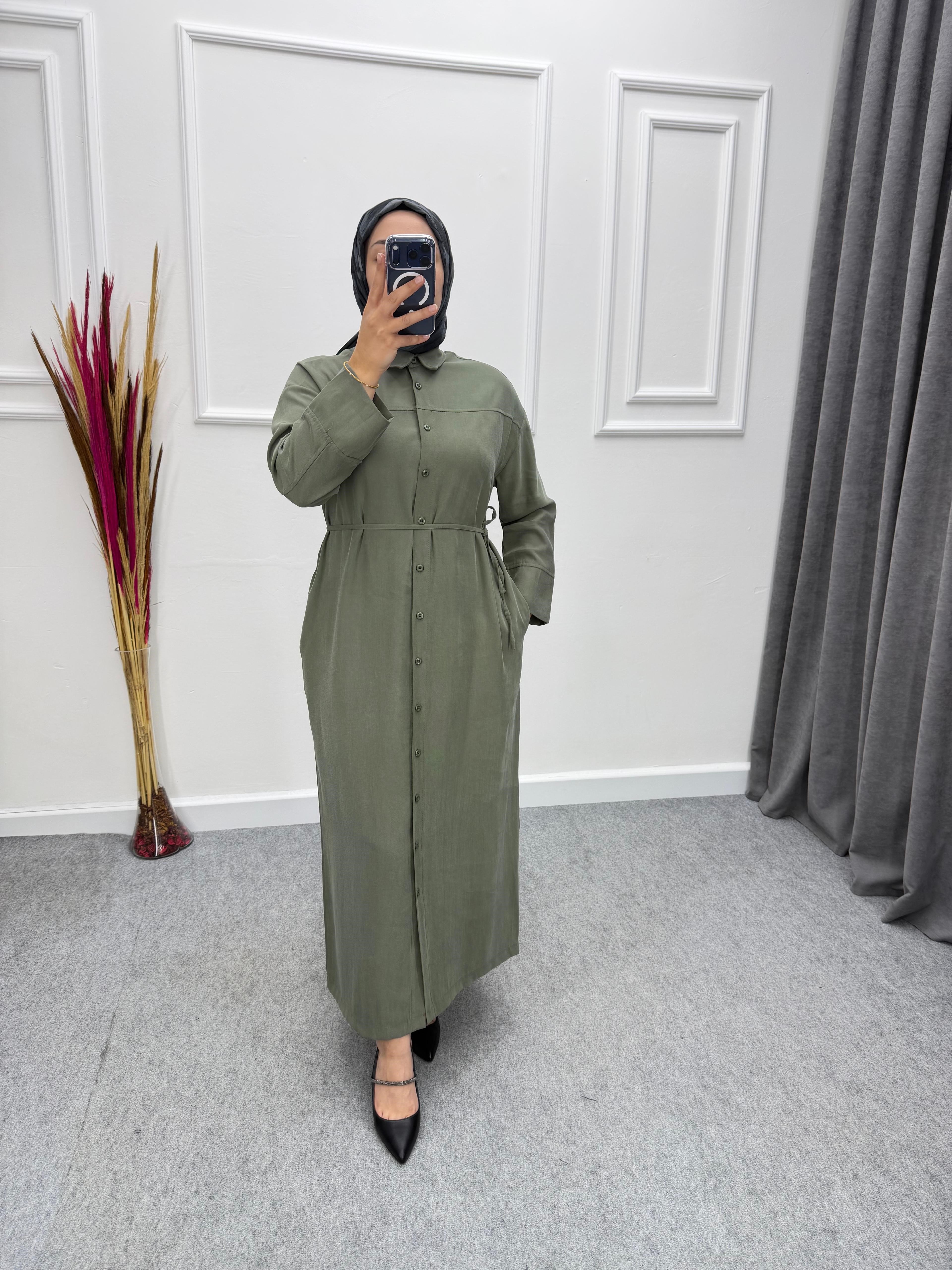 Yeşil Tensel Kumaş Beli Bağlamalı Gömlek