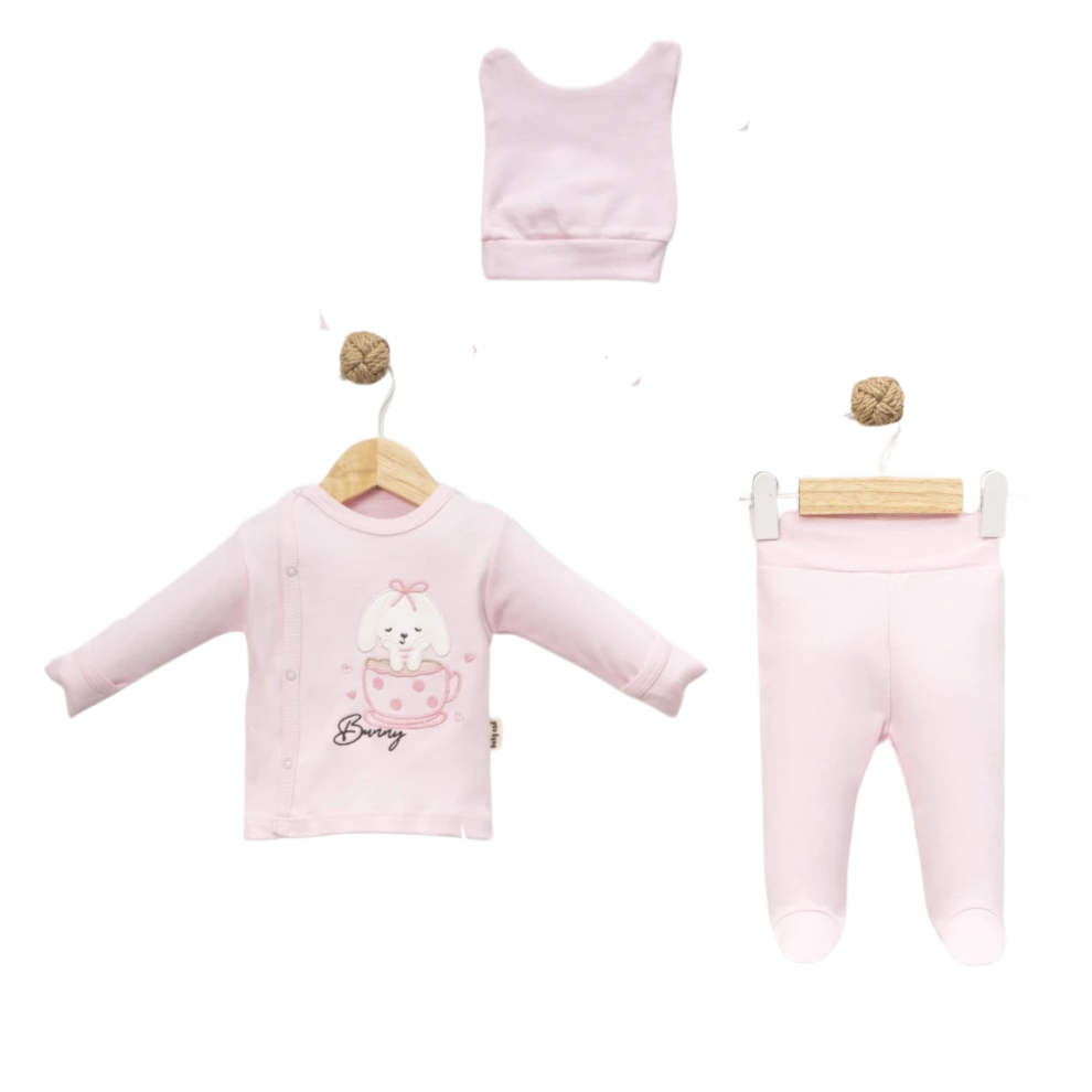 Babycan Fiyonk Tavşan Nakışlı Şapkalı Takım