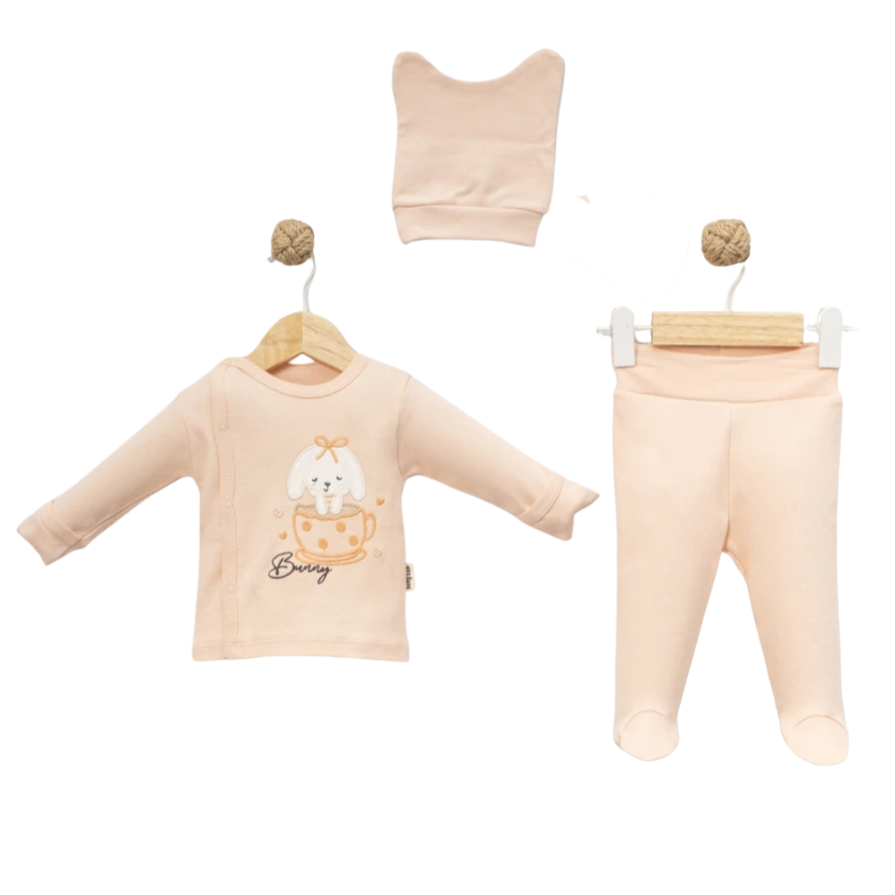 Babycan Fiyonk Tavşan Nakışlı Şapkalı Takım