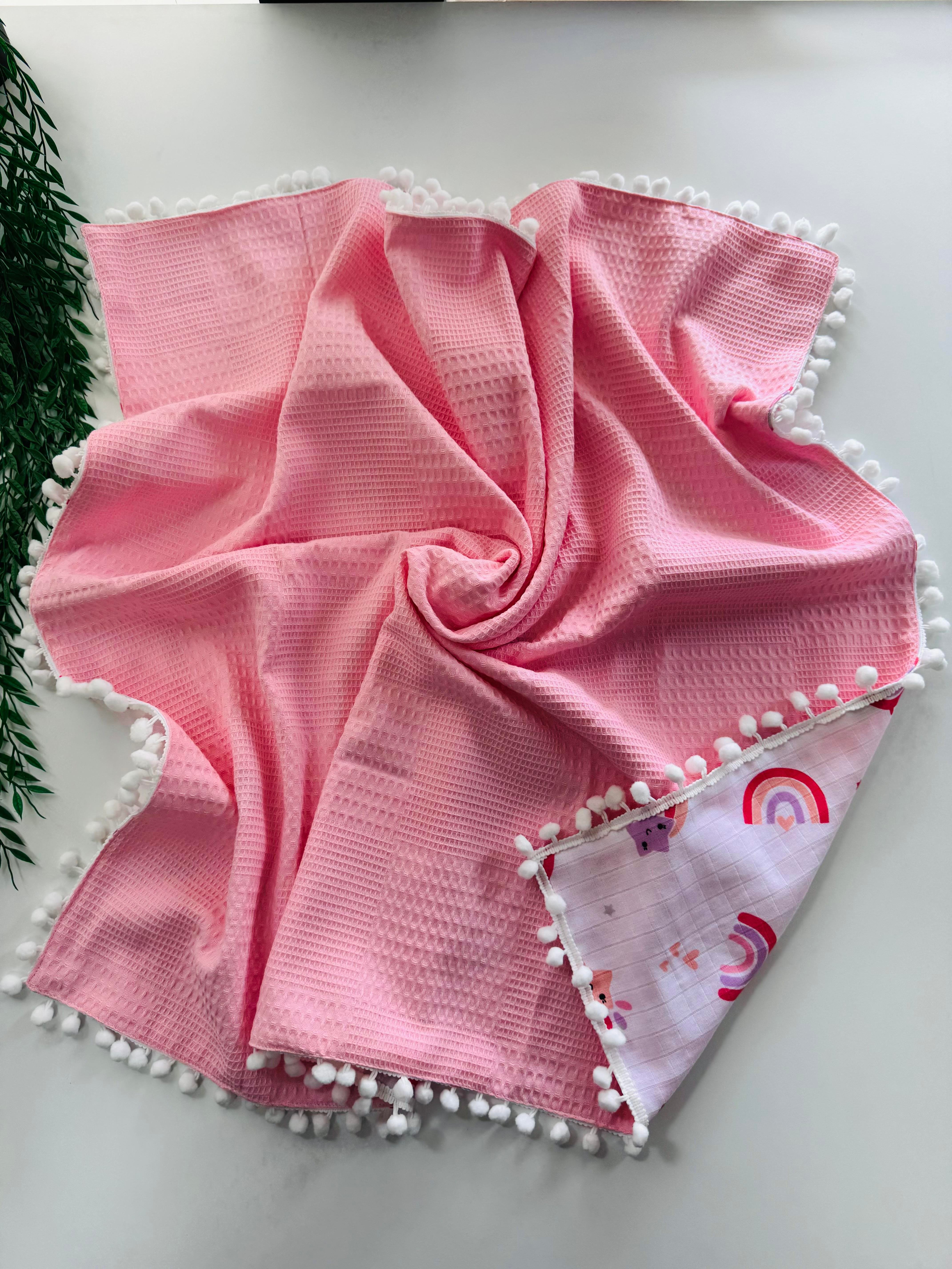 Pembe Gökkuşağı Pikeli Müslin 3 Parça Alt Açma Seti