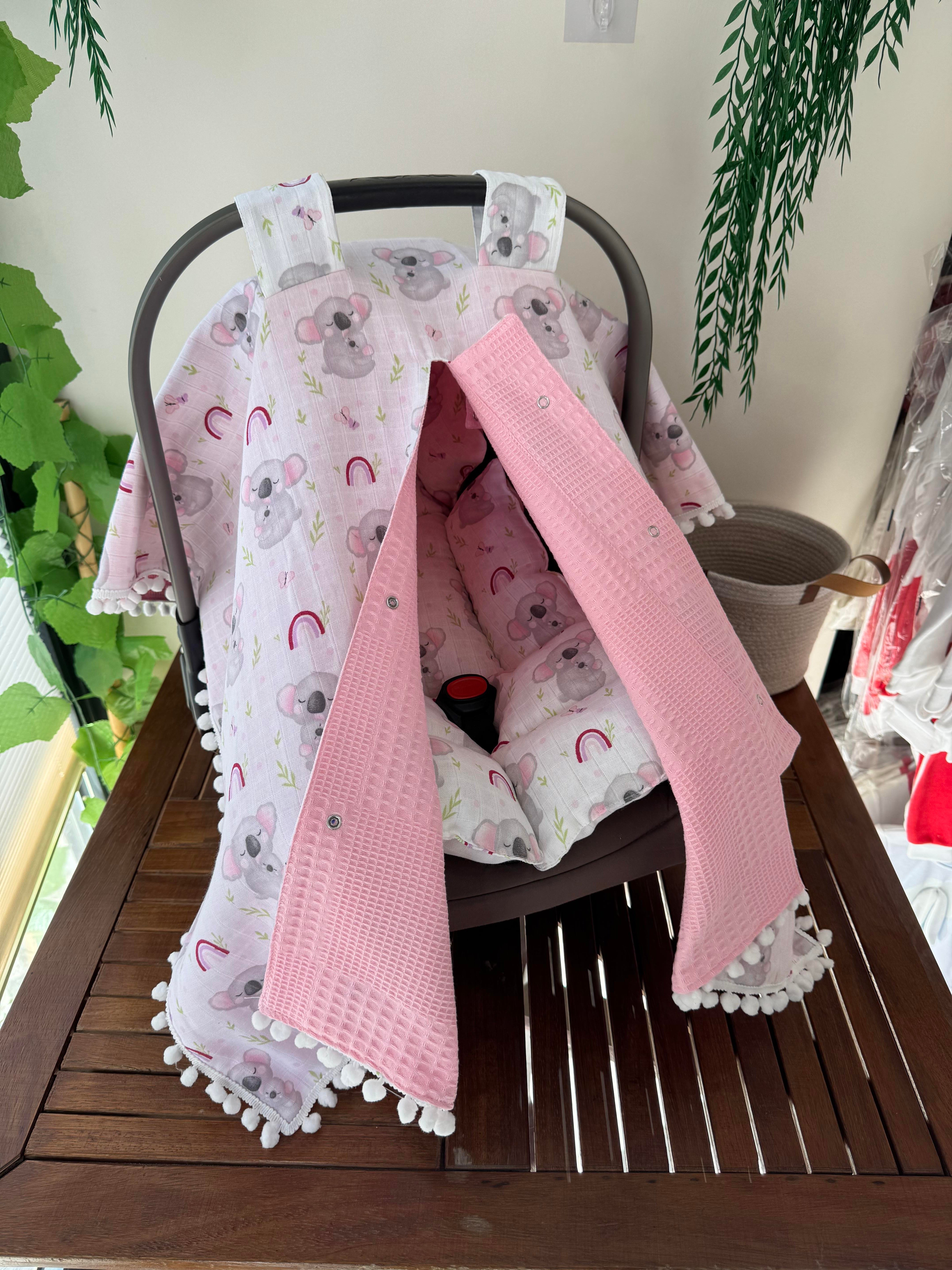 Pembe KoalaÇift Taraflı Puset Örtüsü ve Puset Minderi