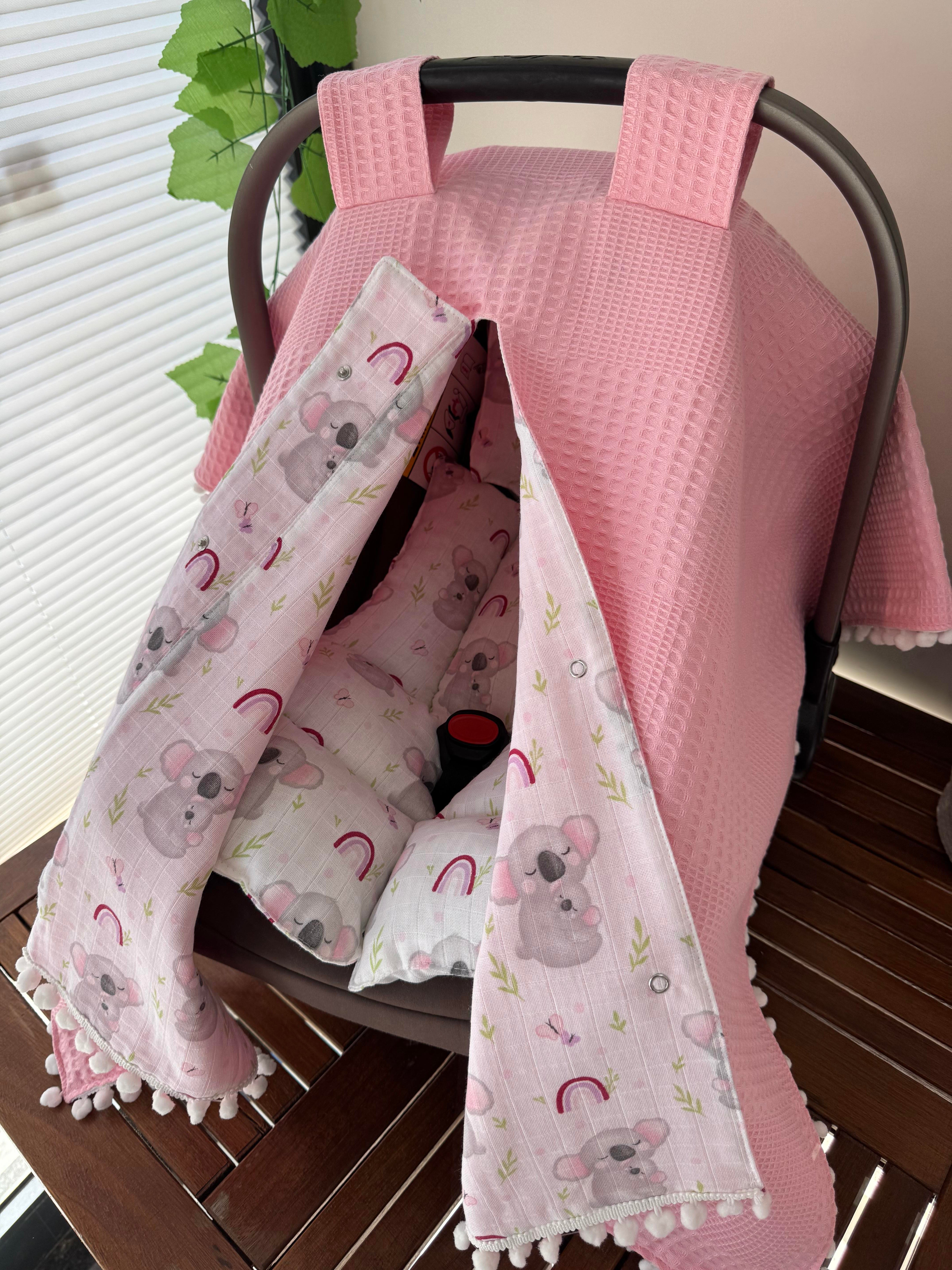 Pembe KoalaÇift Taraflı Puset Örtüsü ve Puset Minderi