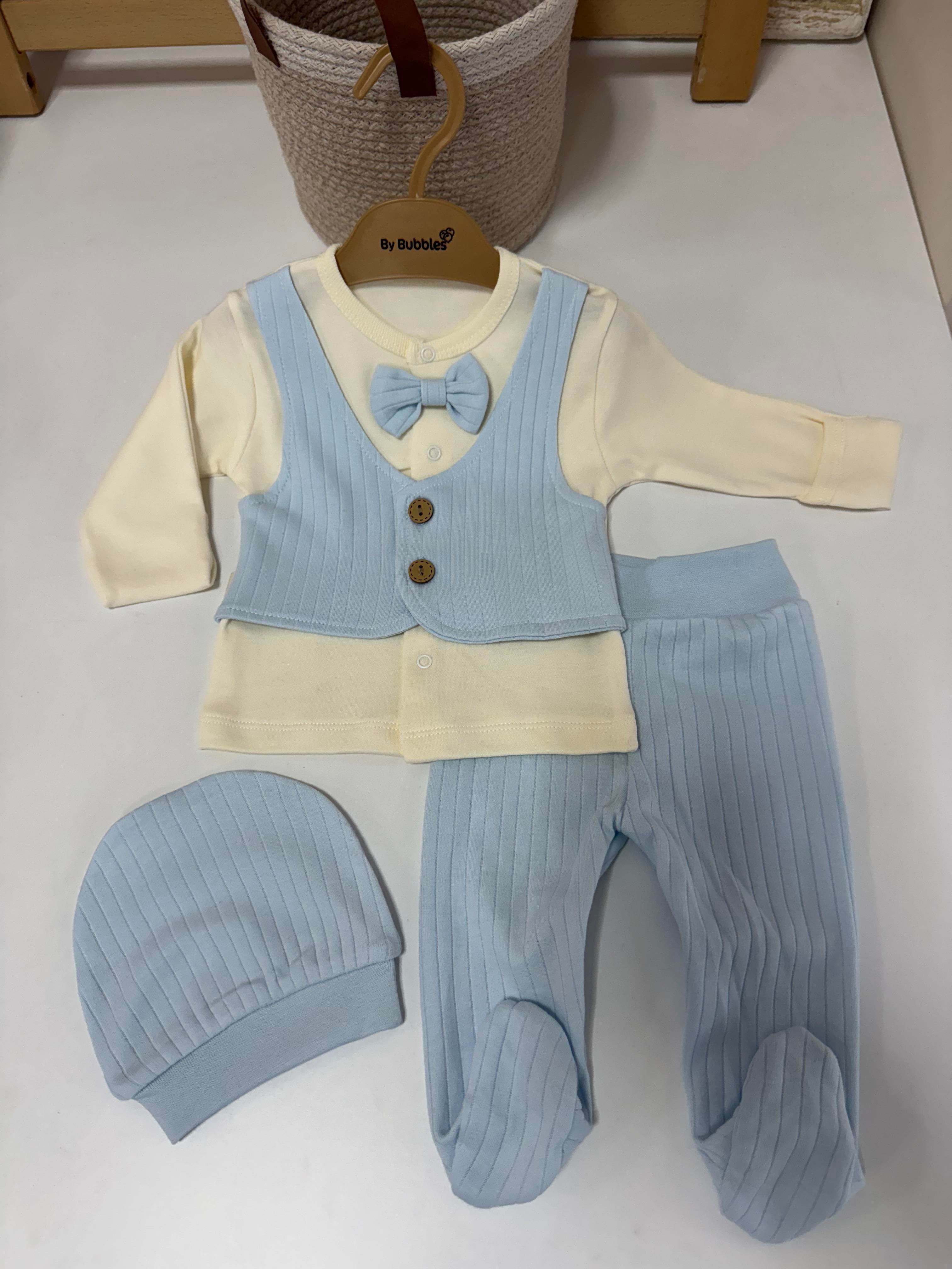 Yumuşacık Pamuklu Kumaş Yelek Görünümlü Kendinden Eldivenli Erkek Bebek Takım