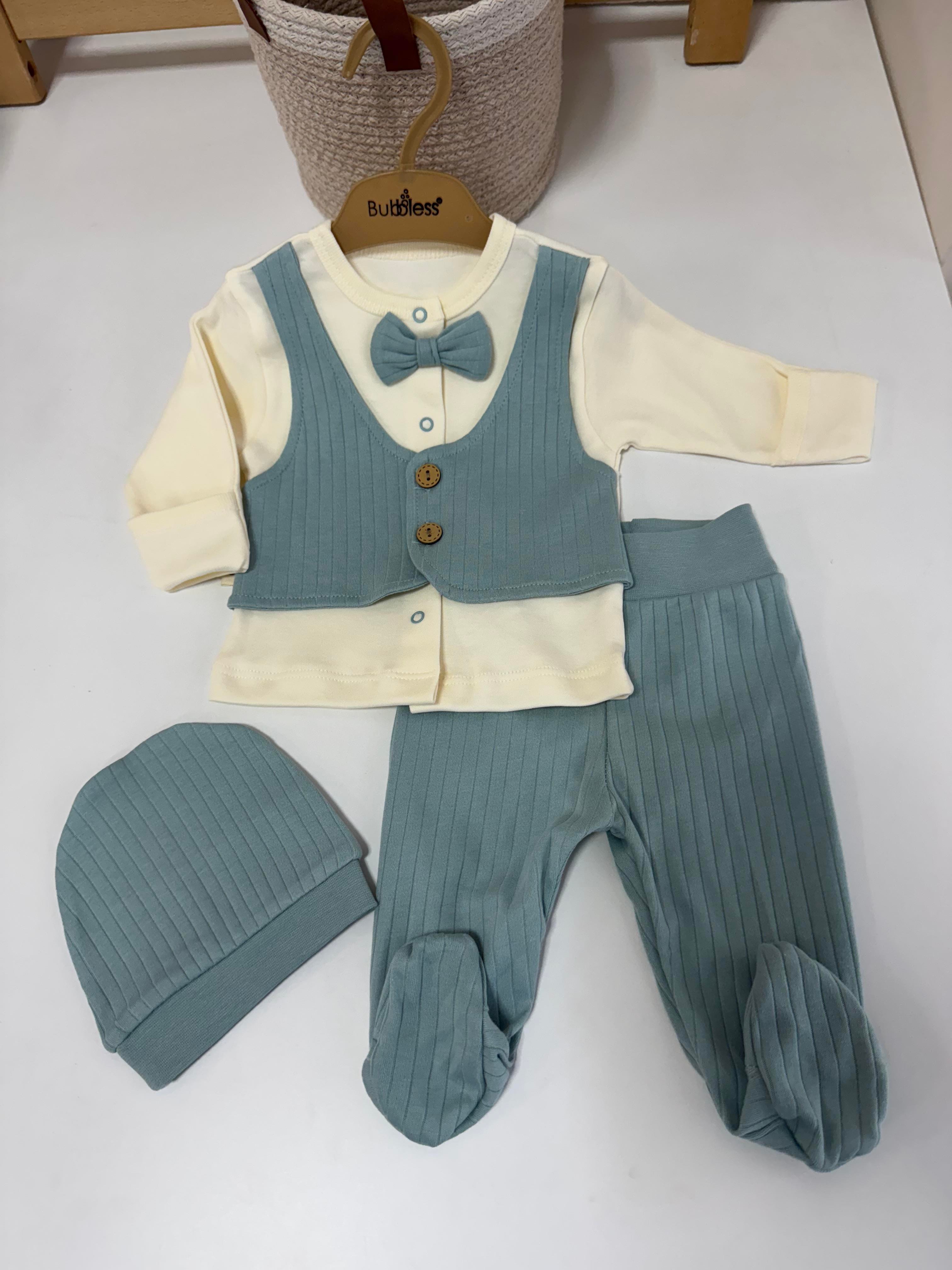Yumuşacık Pamuklu Kumaş Yelek Görünümlü Kendinden Eldivenli Erkek Bebek Takım