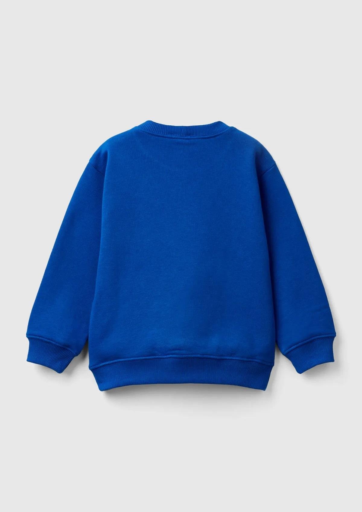United Colors of Benetton Erkek Çocuk Saks Mavi Önü Logo Baskılı Bisiklet Yaka Sweatshirt