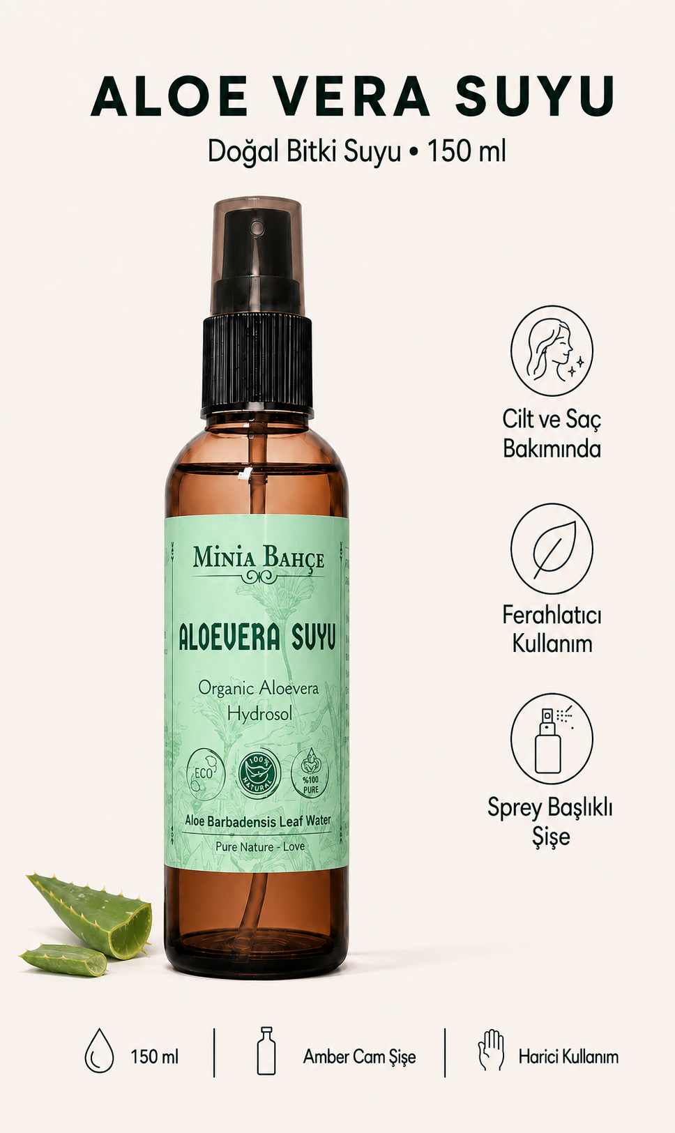 Aloe Vera Suyu - %100 Doğal Hidrosol, 150ml | Doğal Cilt ve Vücut Bakımı