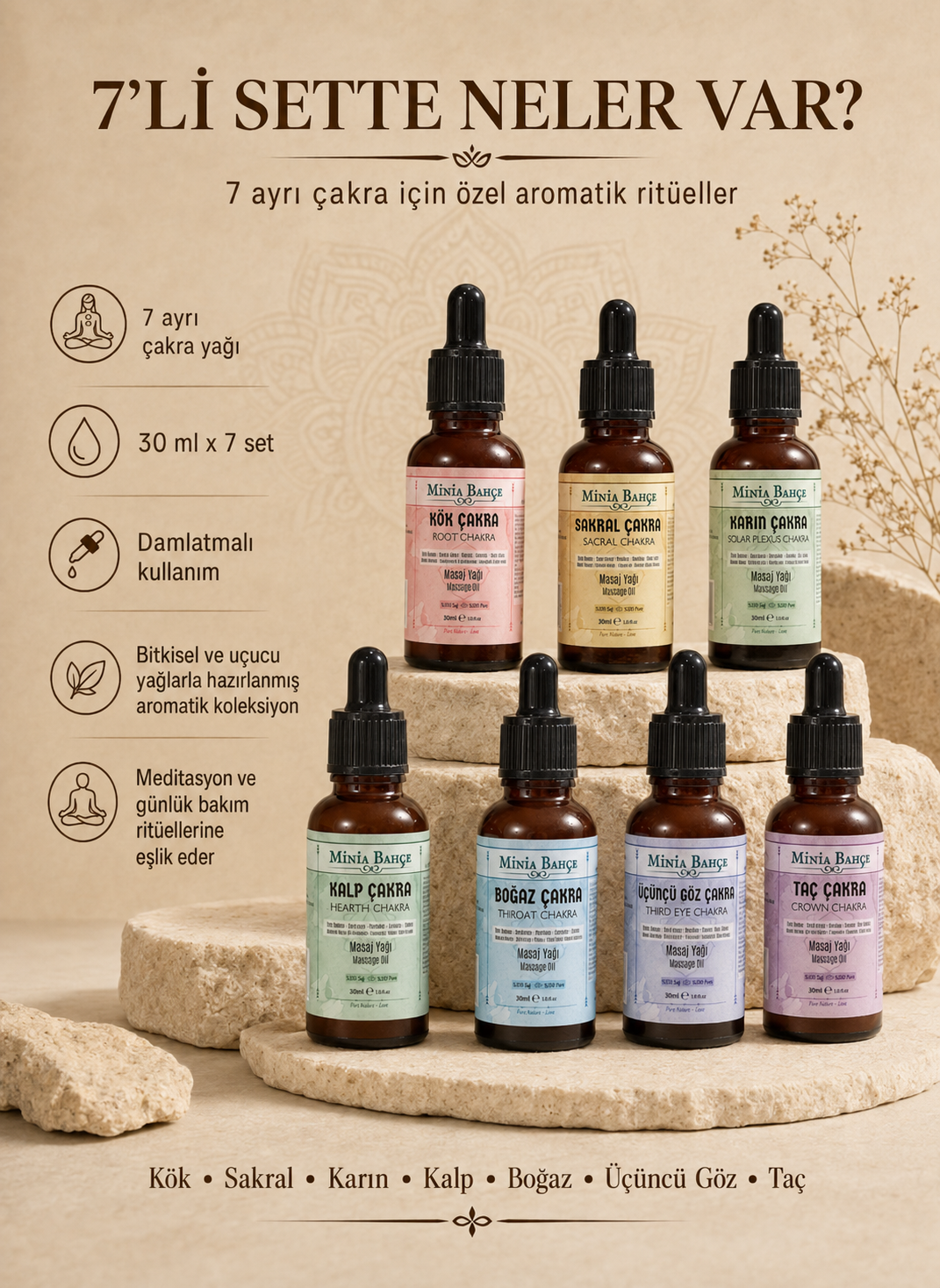 Aromaterapi 7 Çakra Masaj Yağı Seti | %100 Saf ve Doğal 210ml