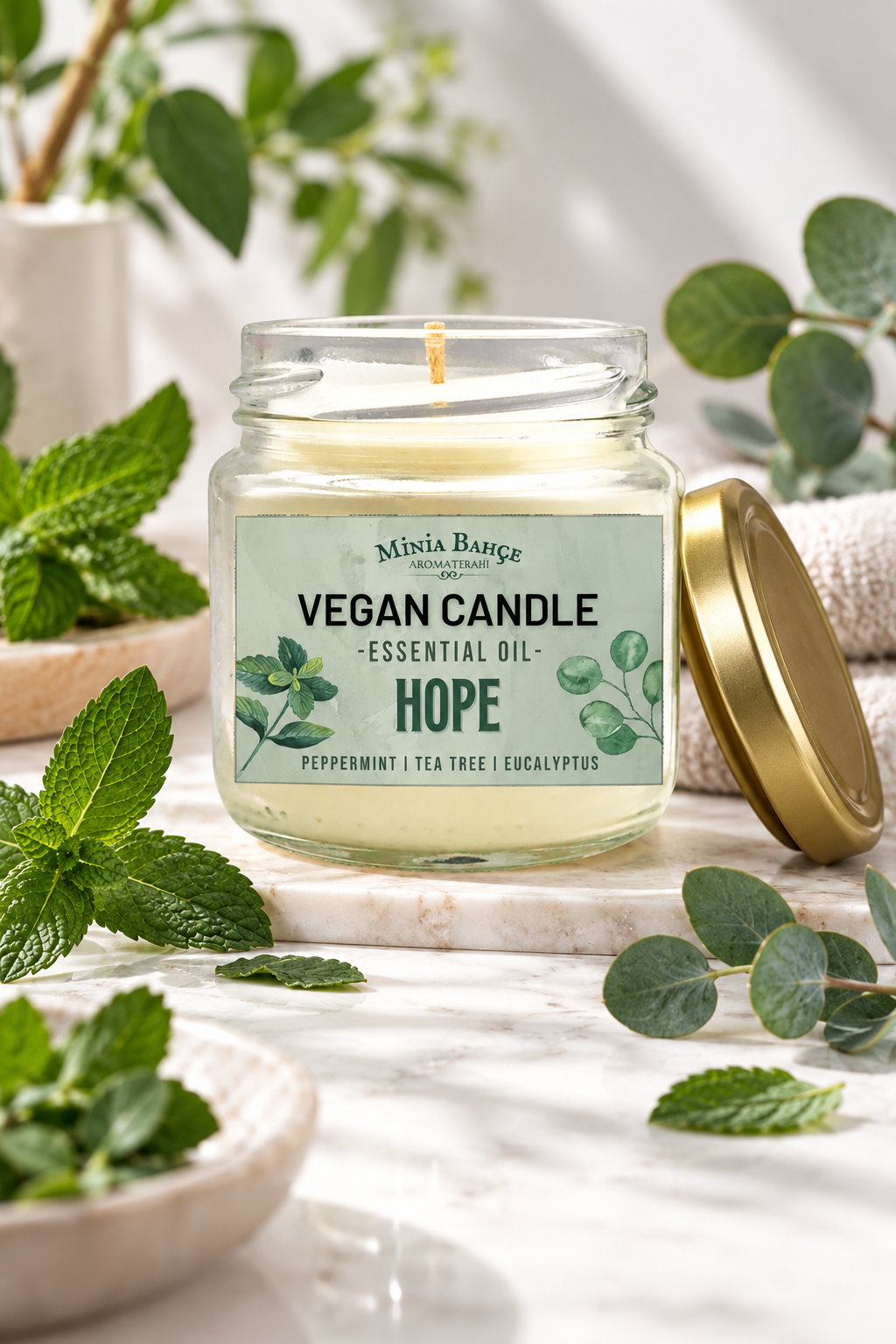 Aromaterapi Vegan Soya Wax Mumu - Çam, Nane, Okaliptüs ve Çay Ağacı, 75 gr