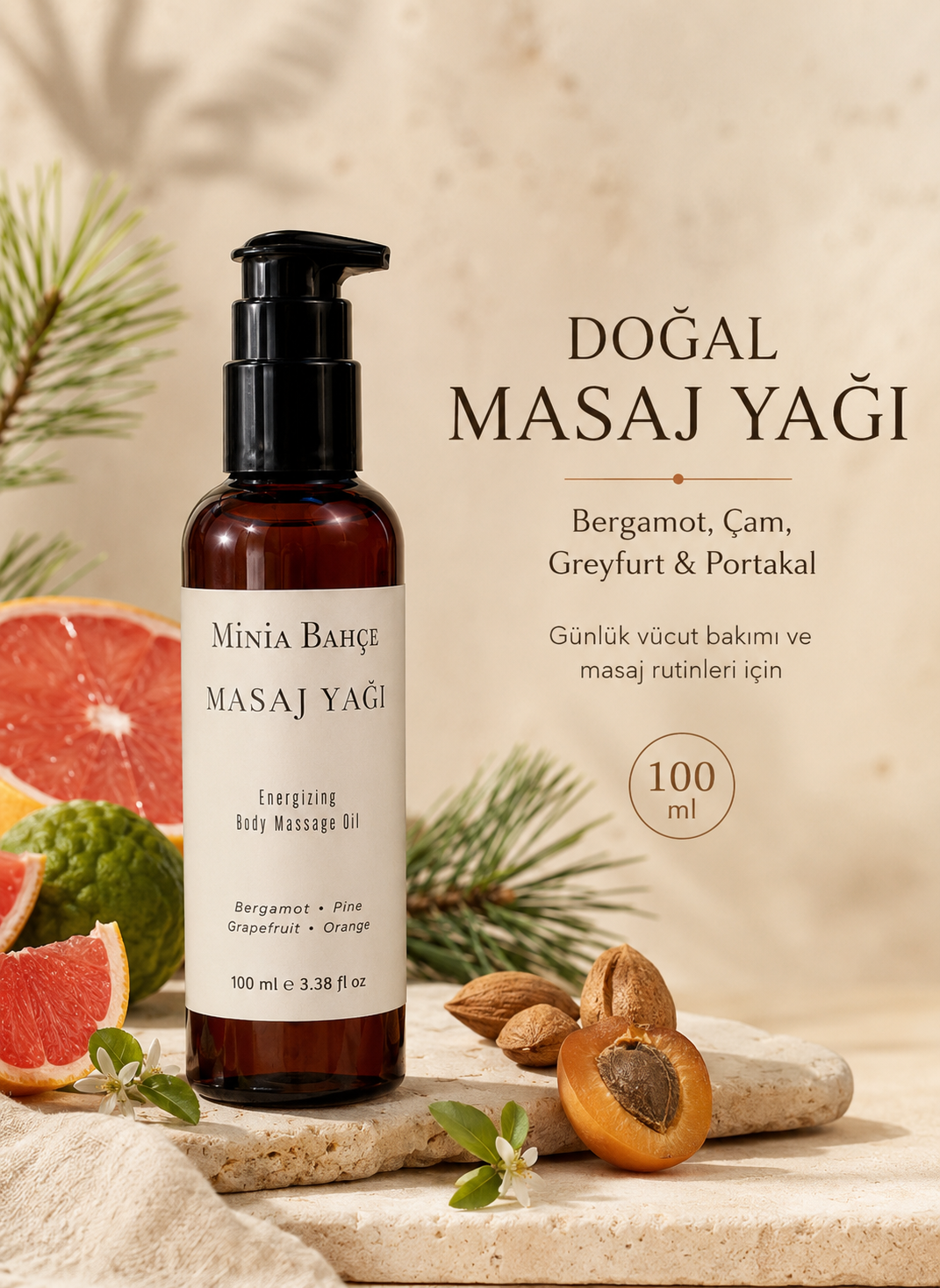 Bergamot Aromaterapi Masaj Yağı 100 ml | Çam, Greyfurt ve Portakal
