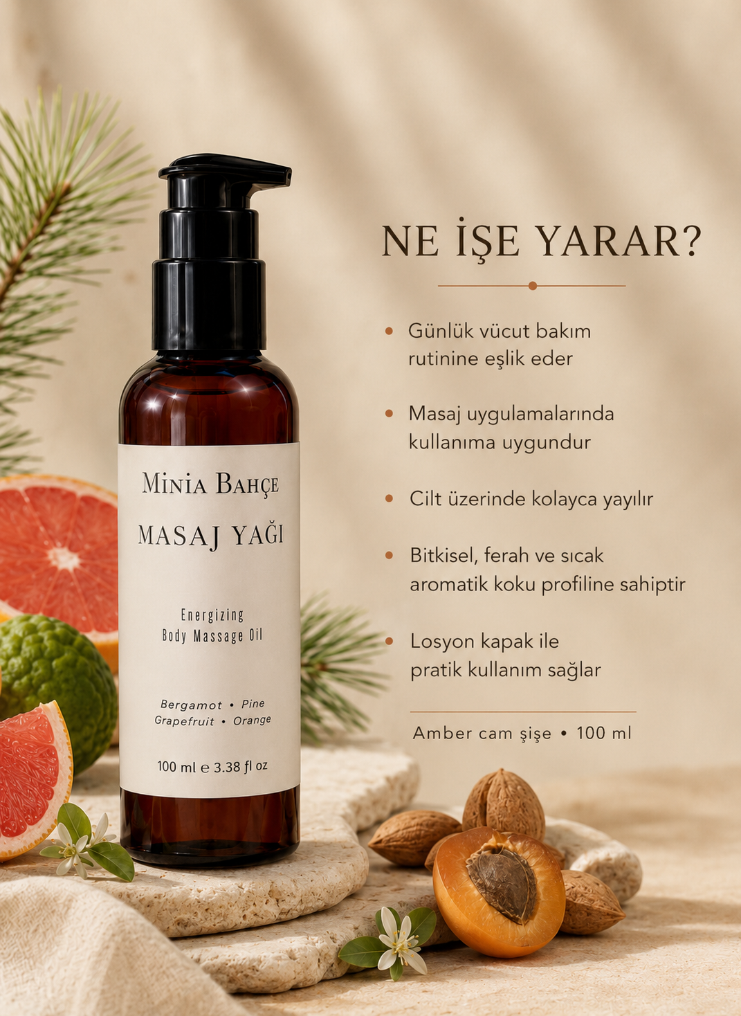 Bergamot Aromaterapi Masaj Yağı 100 ml | Çam, Greyfurt ve Portakal