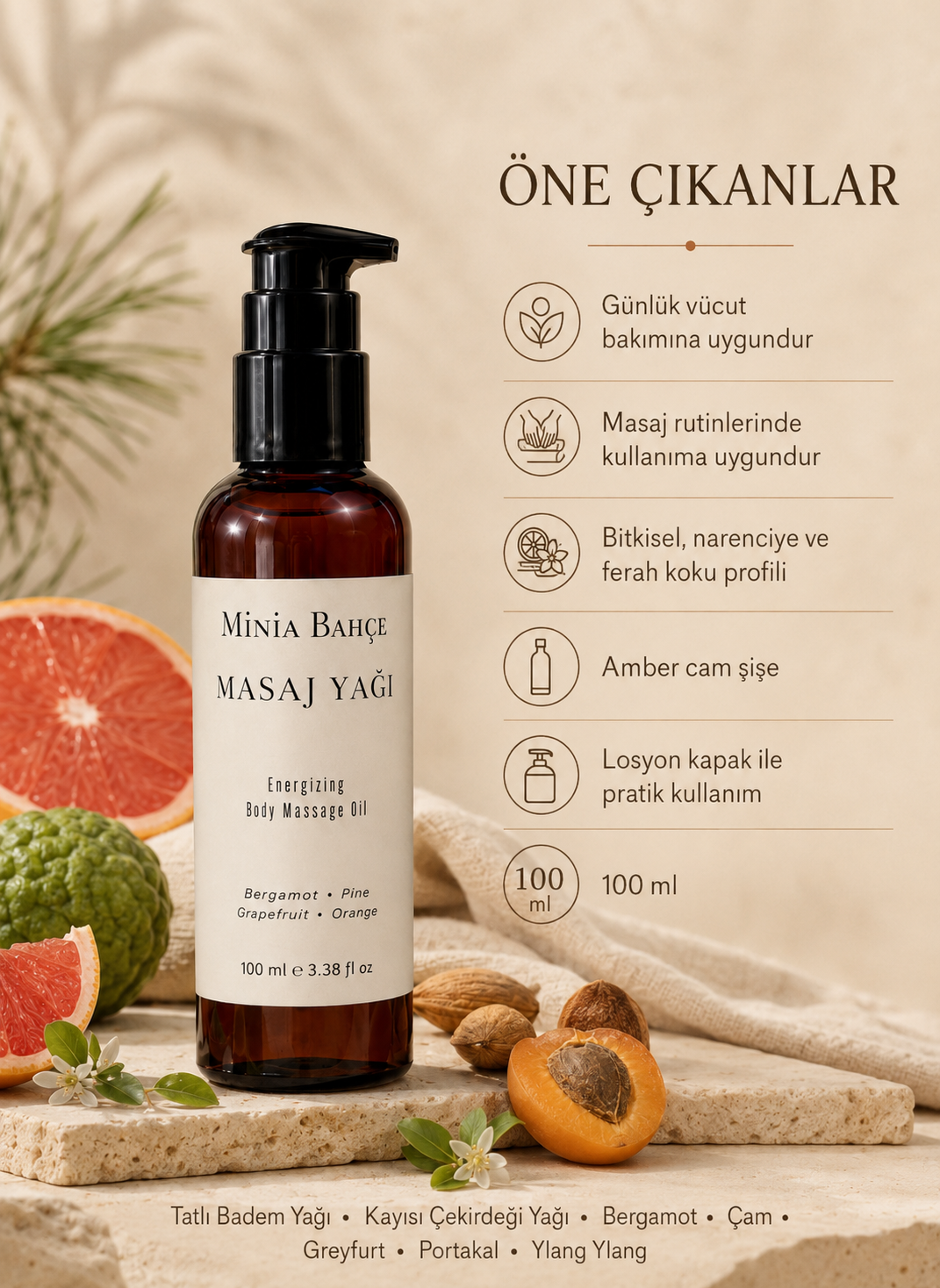 Bergamot Aromaterapi Masaj Yağı 100 ml | Çam, Greyfurt ve Portakal