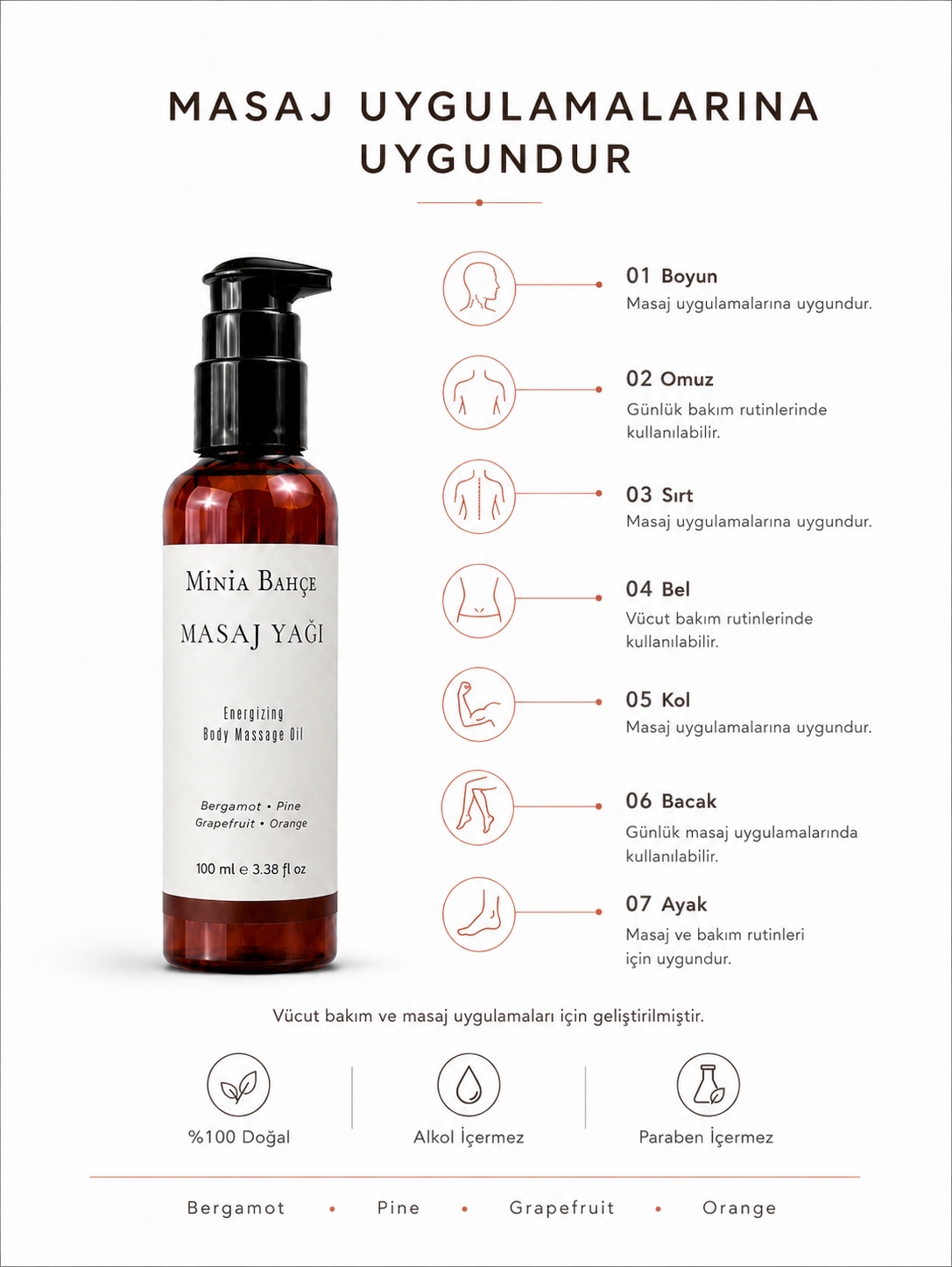 Bergamot Aromaterapi Masaj Yağı 100 ml | Çam, Greyfurt ve Portakal