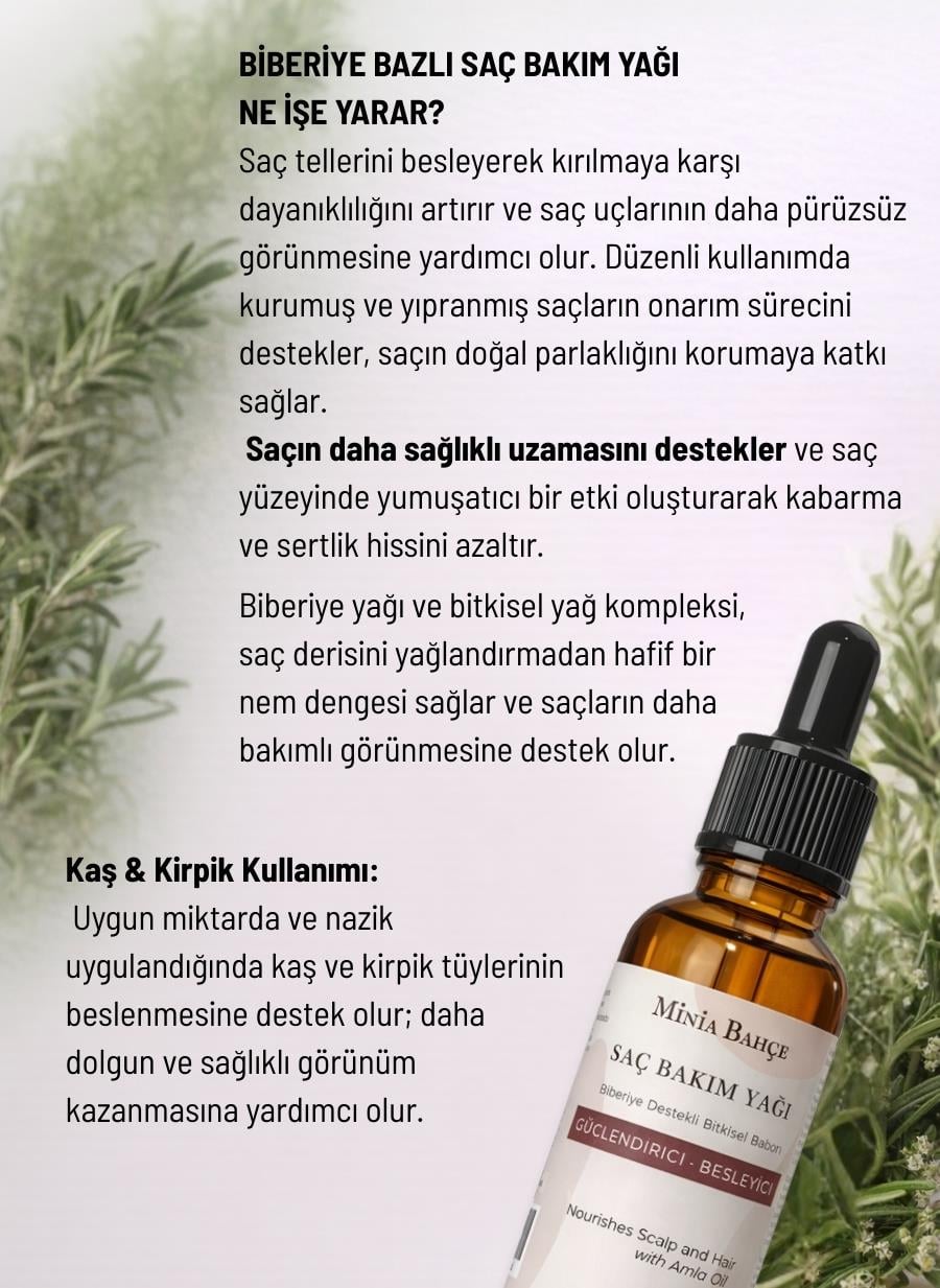 Biberiye Yağı Kompleksi Saç Dökülmesine Karşı Güçlendirici, Saç Uzamasını Destekleyen Bitkisel Saç Bakım Yağı – 50 ml