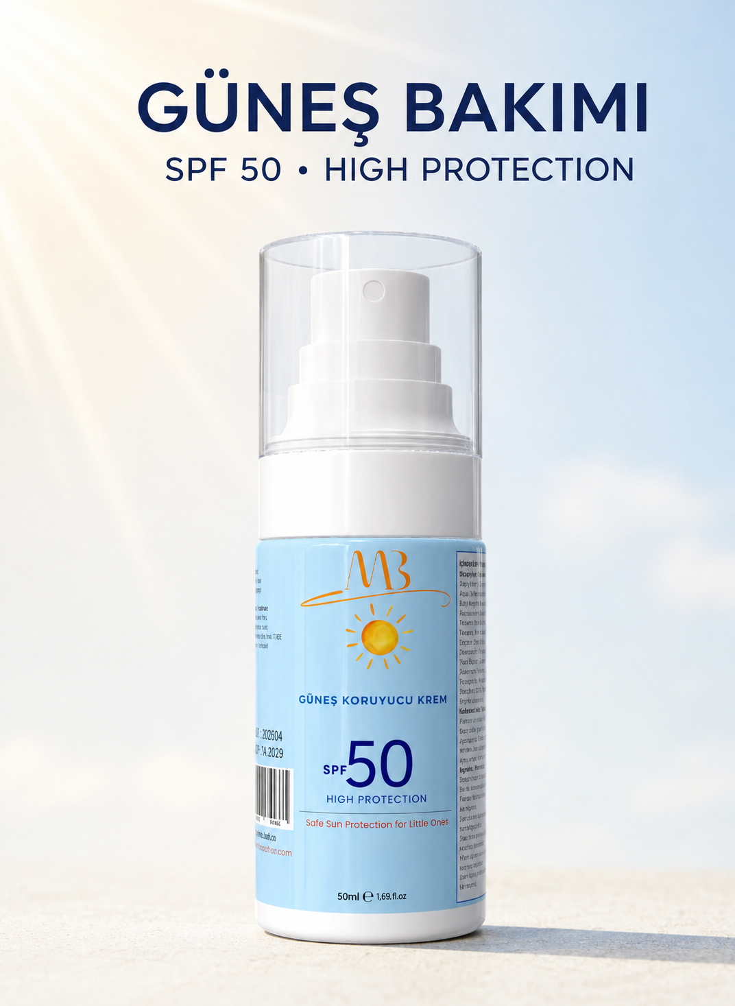 Çocuklar İçin Güneş Koruyucu Krem – SPF 50+ | Hipoalerjenik, Parfümsüz – 50 ml