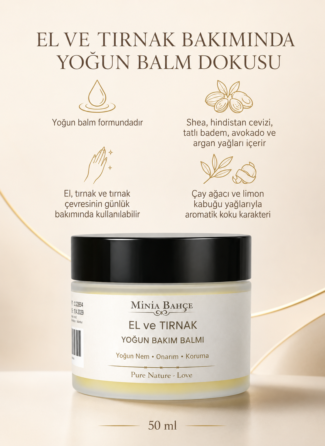 El & Tırnak Yoğun Bakım Balmı - %100 Doğal, 50 ml | Nemlendirici ve Onarıcı Bakım