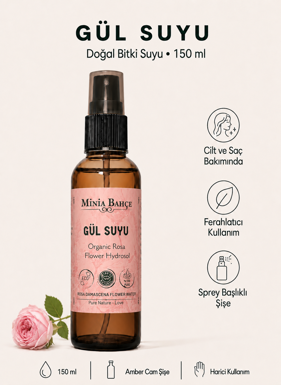 Gül Suyu %100 Doğal, 150ml