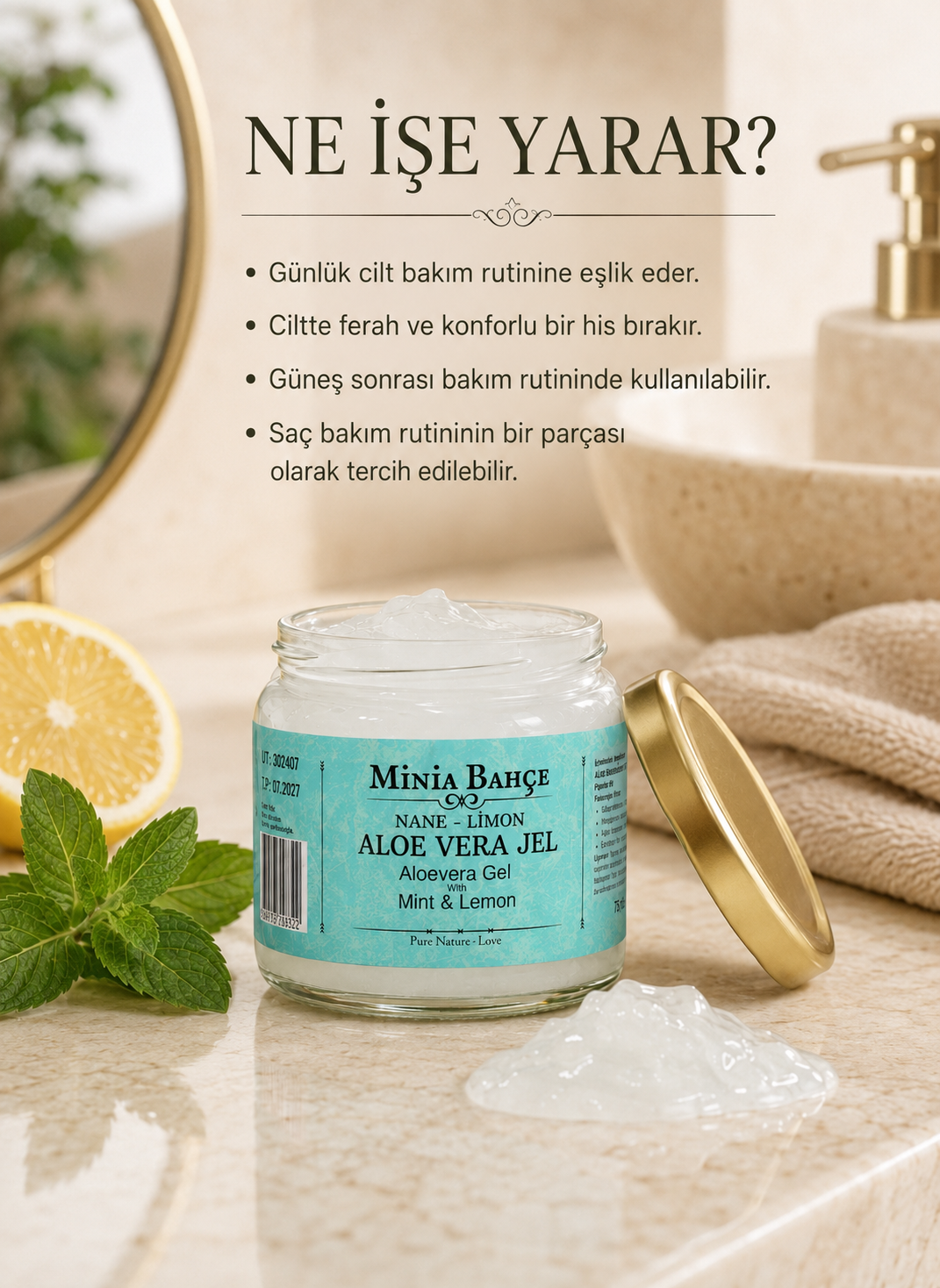 Güneş Sonrası Aloe Vera Jel, Nane ve Limon Yağı – 75 ml, %100 Doğal