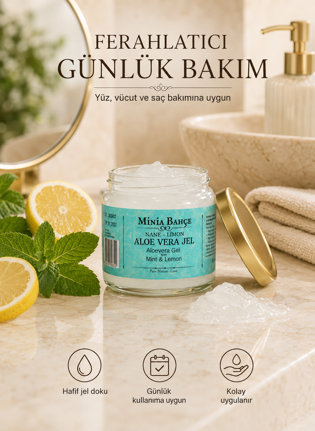Güneş Sonrası Aloe Vera Jel, Nane ve Limon Yağı – 75 ml, %100 Doğal