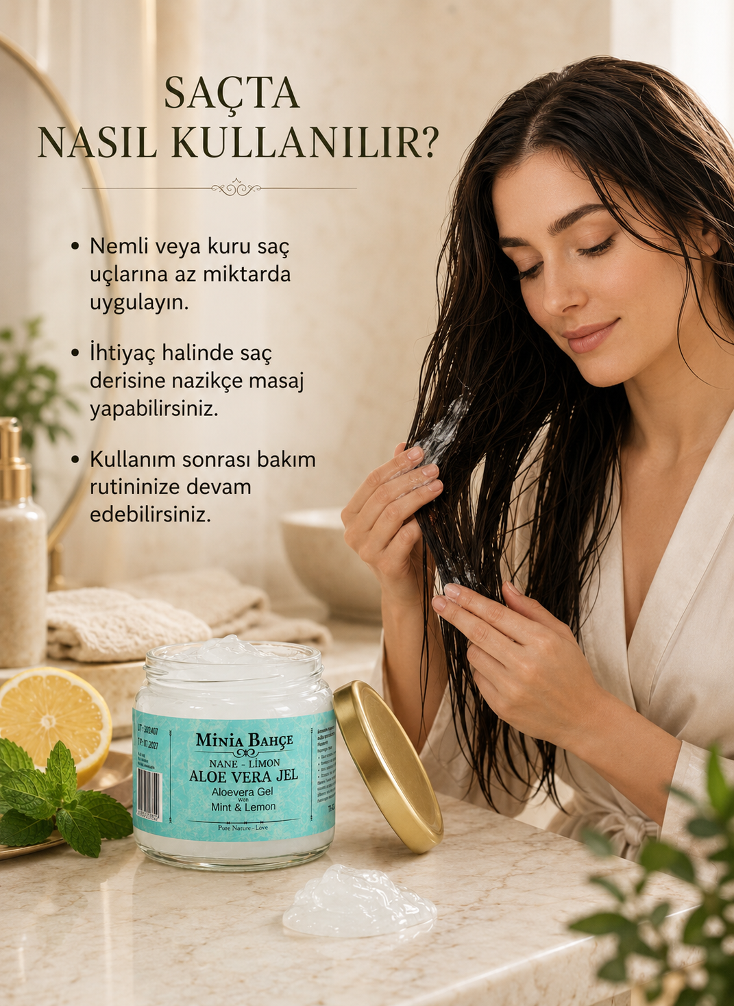 Güneş Sonrası Aloe Vera Jel, Nane ve Limon Yağı – 75 ml, %100 Doğal