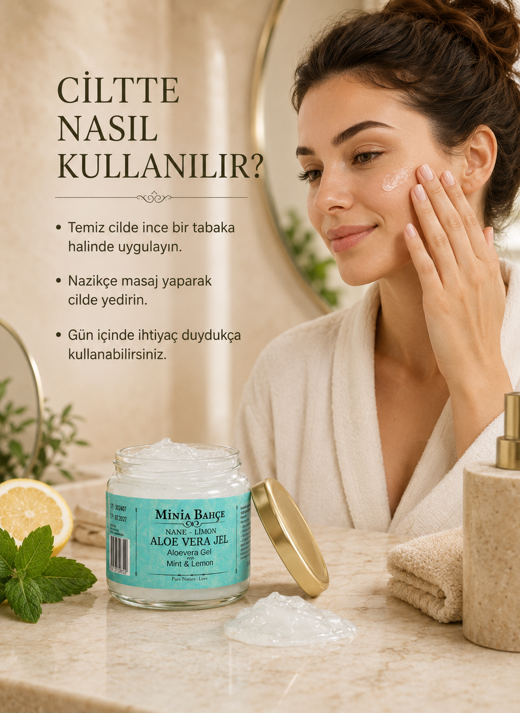Güneş Sonrası Aloe Vera Jel, Nane ve Limon Yağı – 75 ml, %100 Doğal