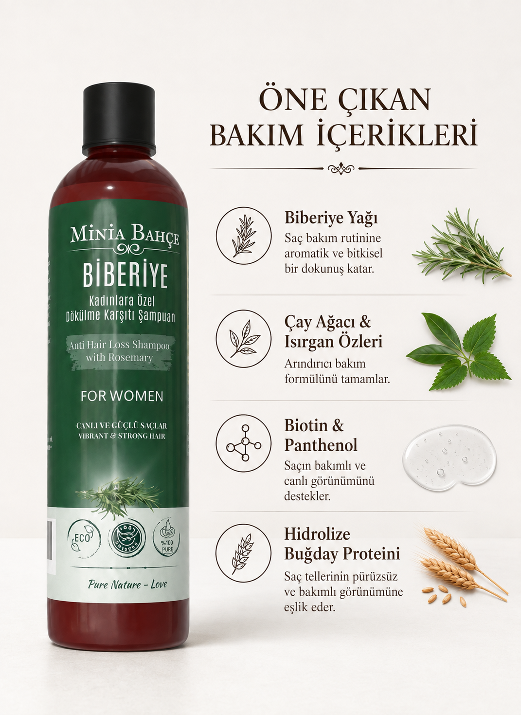 Kadınlara Özel Doğal Şampuan – Biberiye & Bitkisel Özler | Dökülme Karşıtı ve Saç Güçlendirici – 400 ml