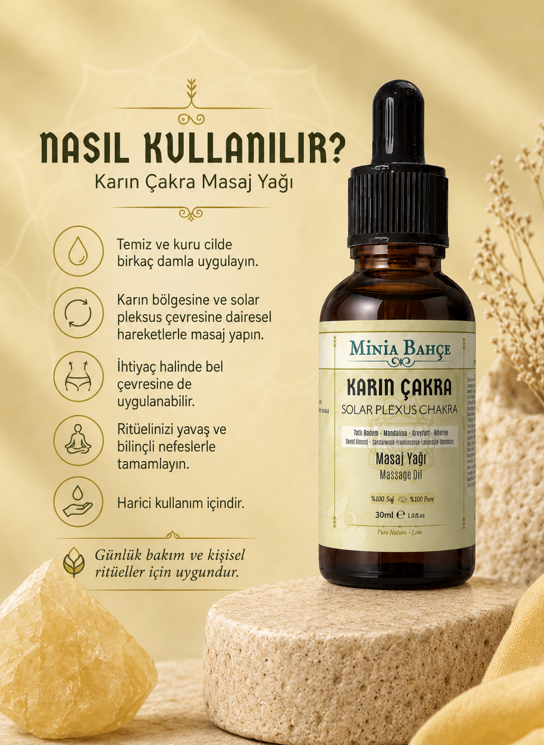 Karın Çakra Masaj Yağı - Solar Plexus Chakra Oil, 30ml | %100 Saf ve Doğal