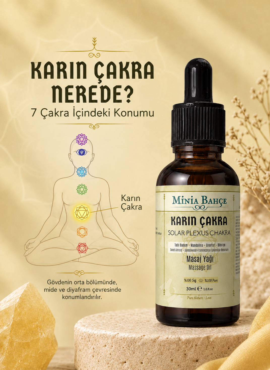 Karın Çakra Masaj Yağı - Solar Plexus Chakra Oil, 30ml | %100 Saf ve Doğal