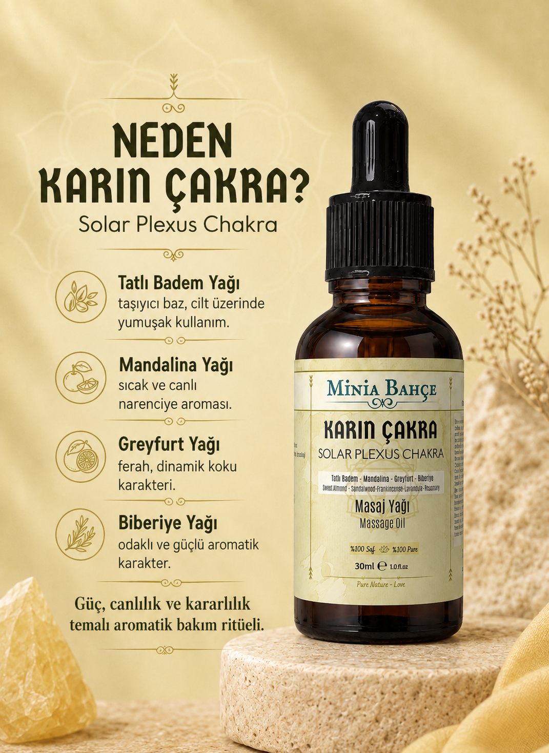 Karın Çakra Masaj Yağı - Solar Plexus Chakra Oil, 30ml | %100 Saf ve Doğal