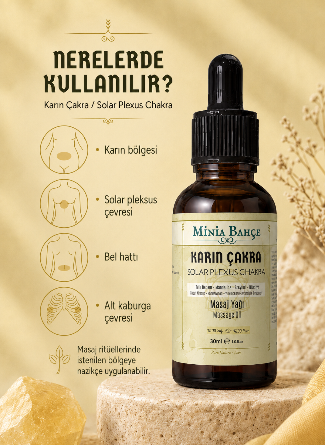 Karın Çakra Masaj Yağı - Solar Plexus Chakra Oil, 30ml | %100 Saf ve Doğal