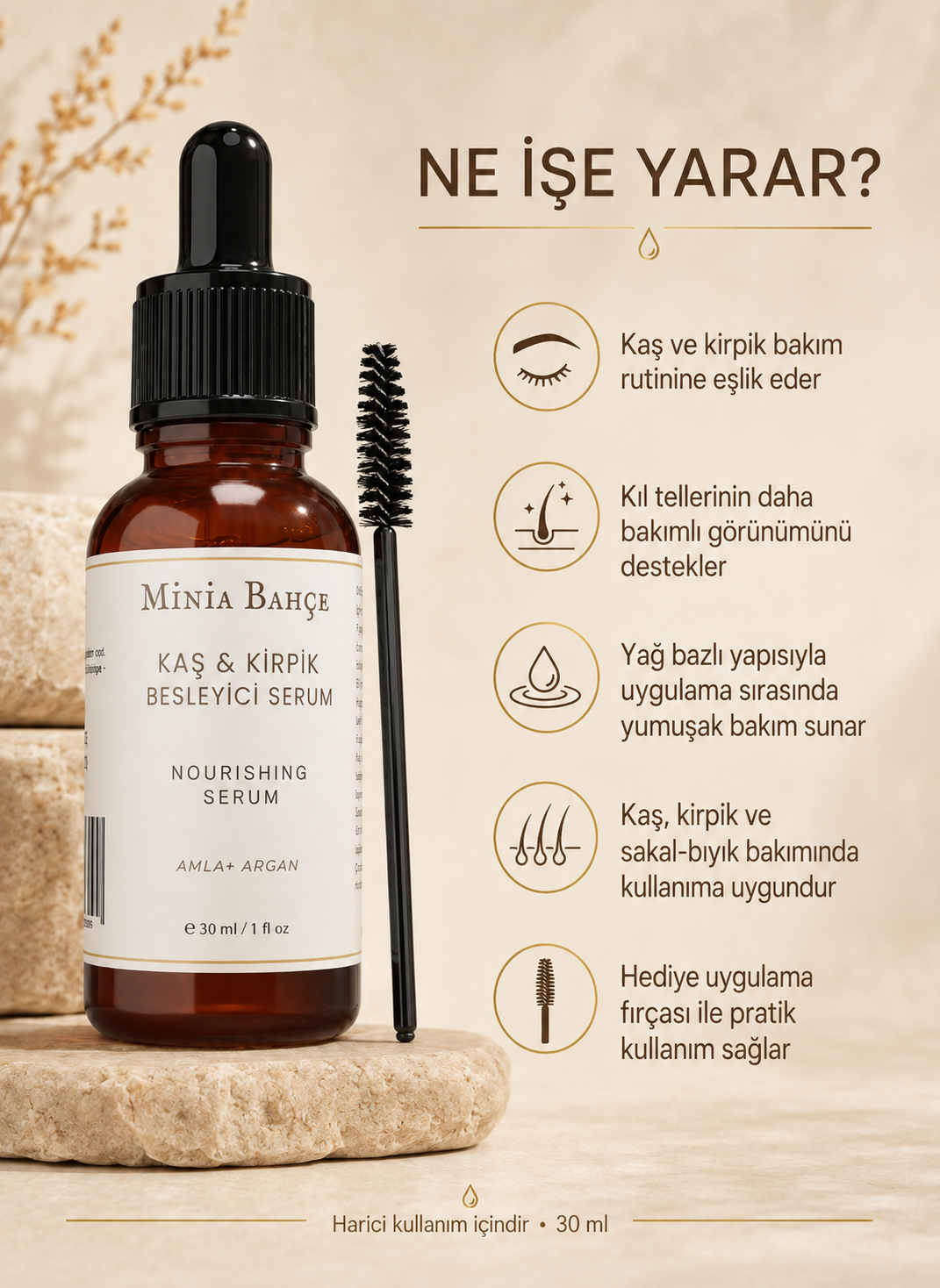 Kaş ve Kirpik Bakım Serumu – 30 ml | Fırça Hediyeli Bitkisel Yağ Bakımı