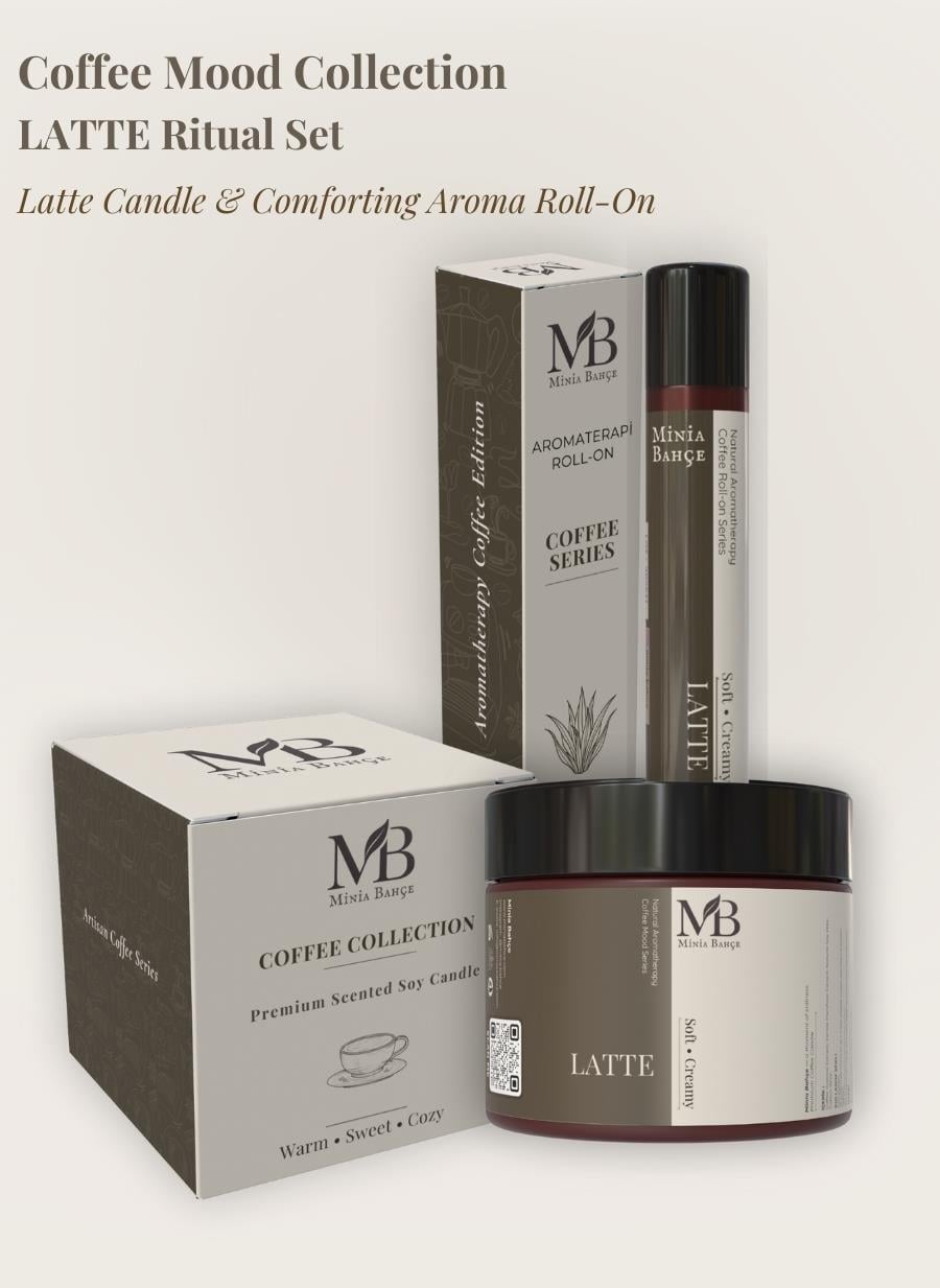 Latte Ritüel İkili Set – Latte Soy Wax Mum (100 g) + Latte Aroma Roll (10 ml)