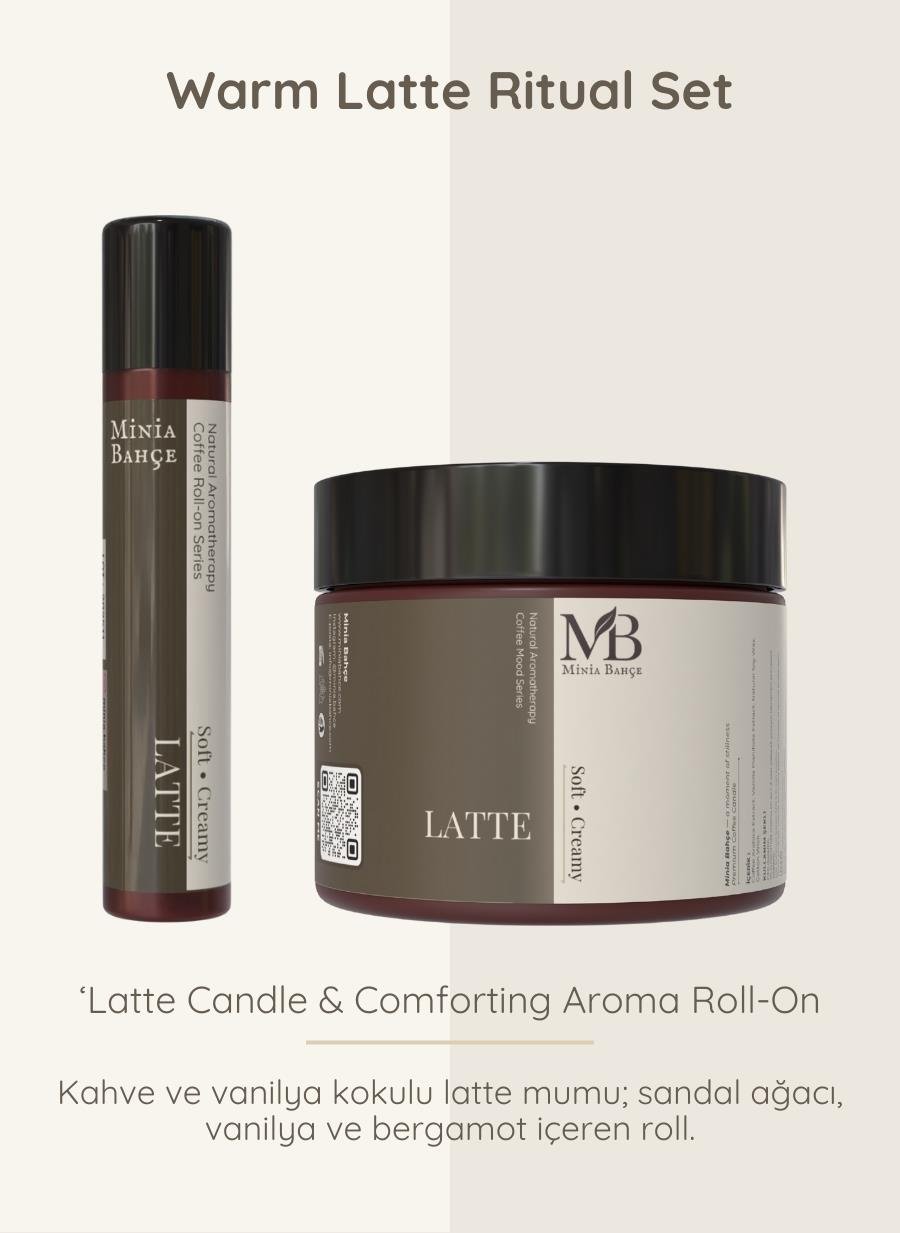 Latte Ritüel İkili Set – Latte Soy Wax Mum (100 g) + Latte Aroma Roll (10 ml)