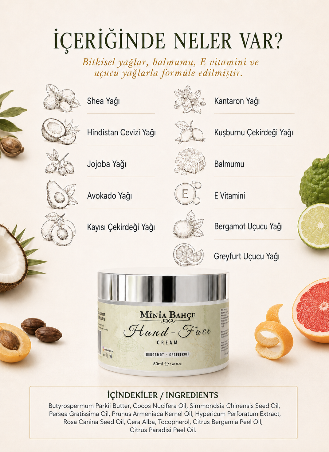 Minia Bahçe Greyfurt & Bergamot El ve Yüz Kremi - Koruyucu ve Besleyici Bakım 50ml