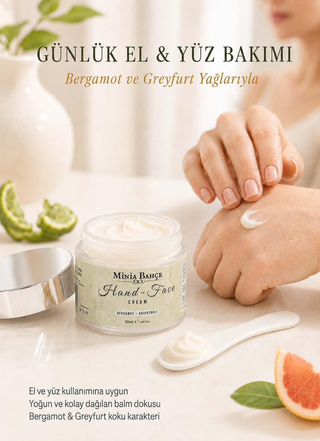 Minia Bahçe Greyfurt & Bergamot El ve Yüz Kremi - Koruyucu ve Besleyici Bakım 50ml