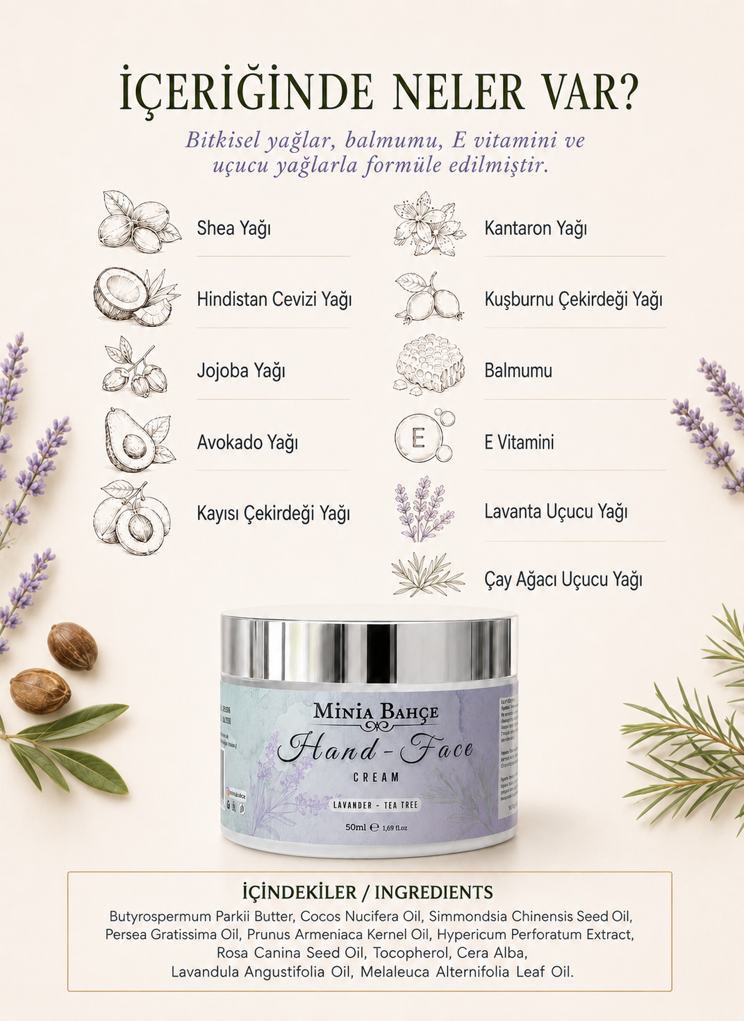 Minia Bahçe Lavanta & Çay Ağacı El ve Yüz Kremi - Koruyucu ve Besleyici Bakım 50ml